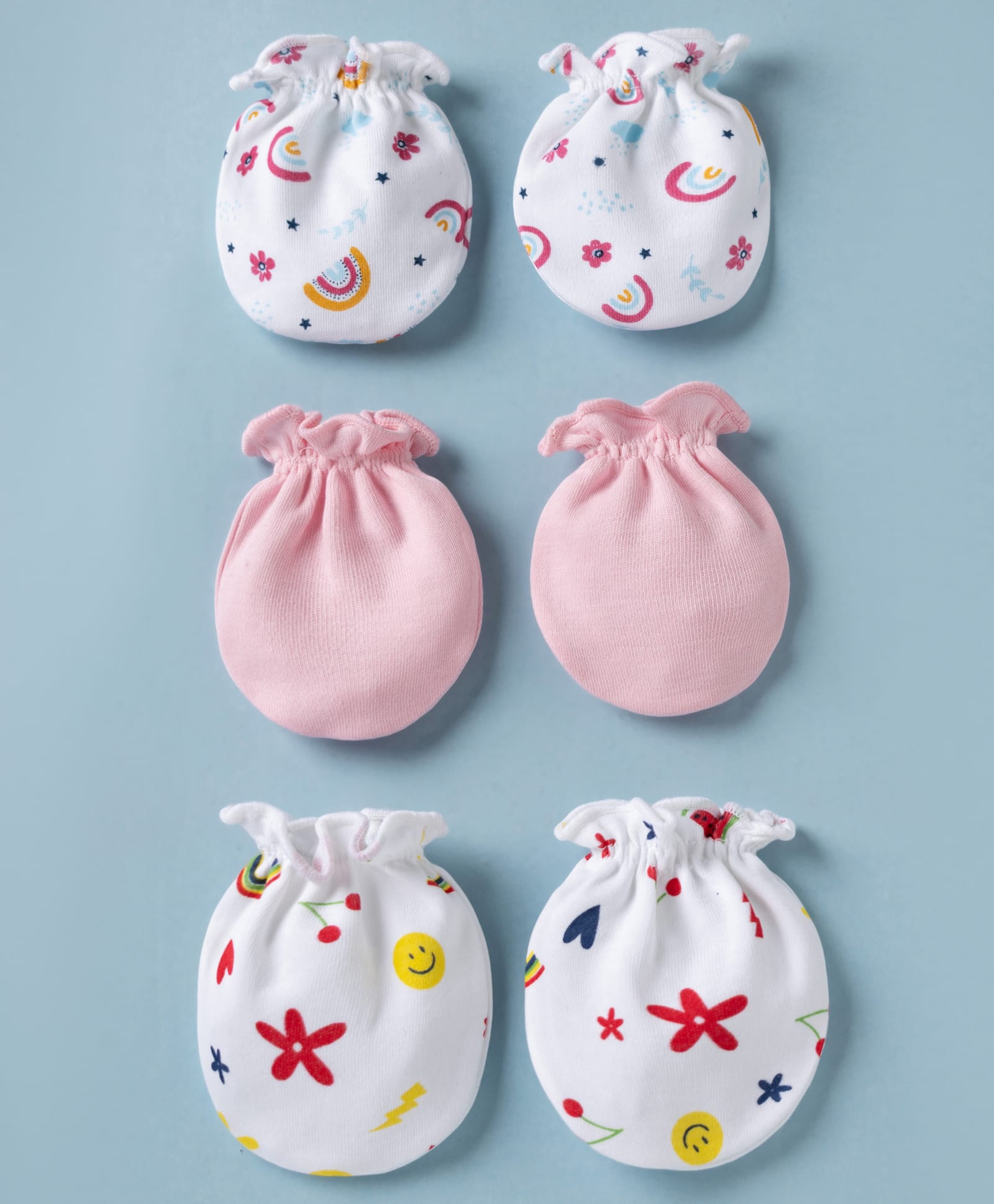 Ben Benny Interlock Knit Mittens Set With Floral & Rainbow Print Pack of 3 - White & Pink-image-35