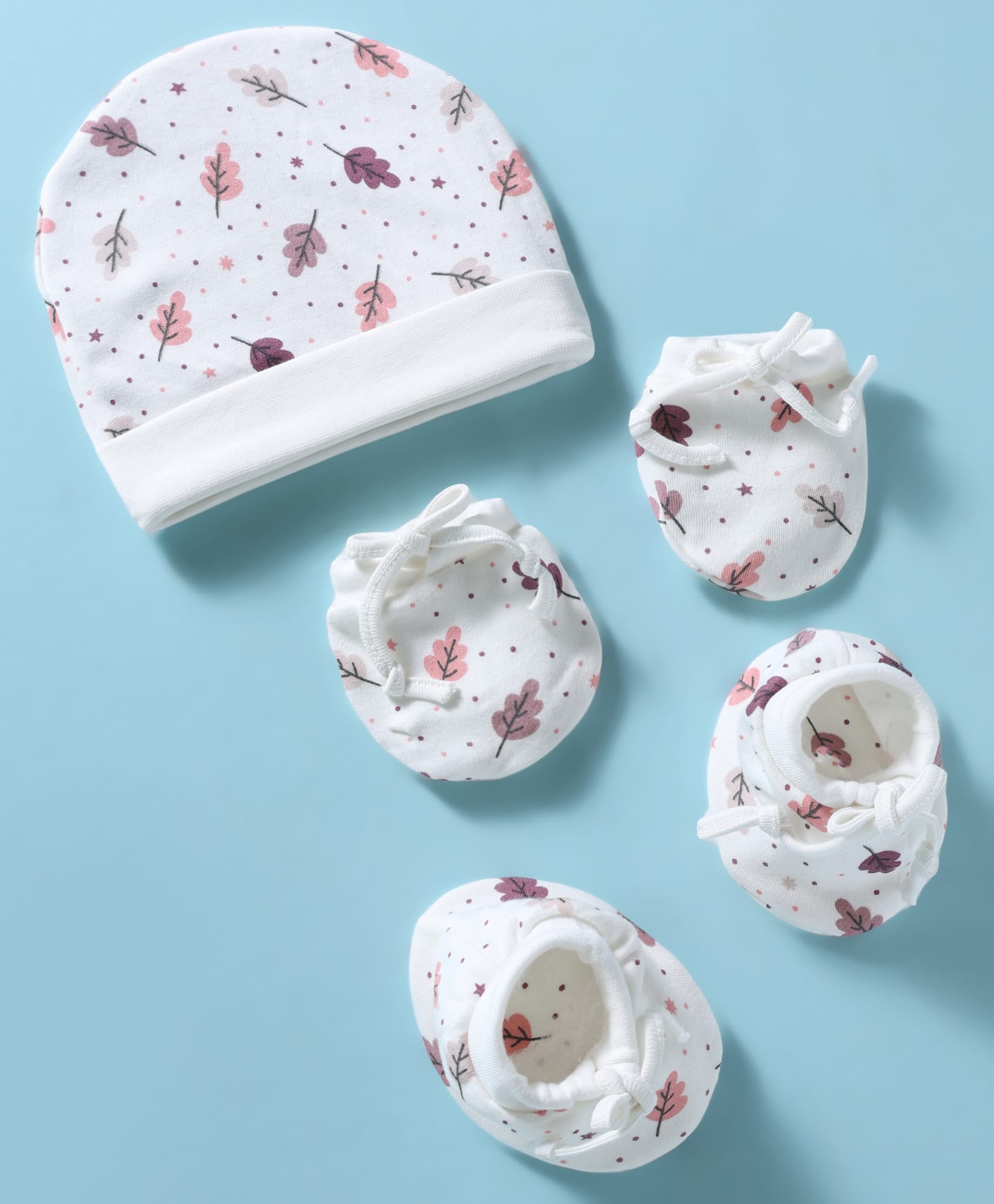 Ben Benny Interlock Knit Cap, Mitten & Booties Set With Leaf Print White - Diameter 15 cm-picture-24