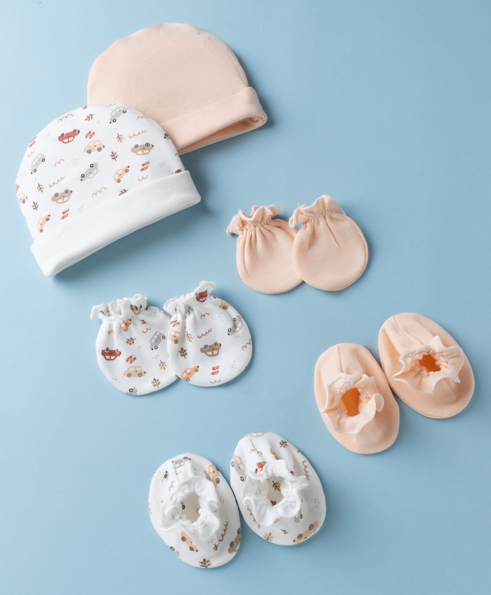 Ben Benny Interlock Knit Cap, Mittens & Booties with Car Print Pack of 2 White & Baby Pink - Diameter 8 cm-picture-15