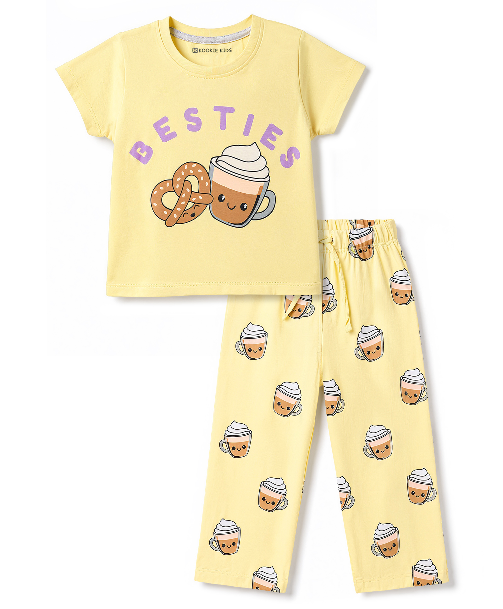 Kookie Kids Single Jersey Knit Half Sleeves Coffee Printed T-Shirt & Pajama Night Suit - Yellow-image-7