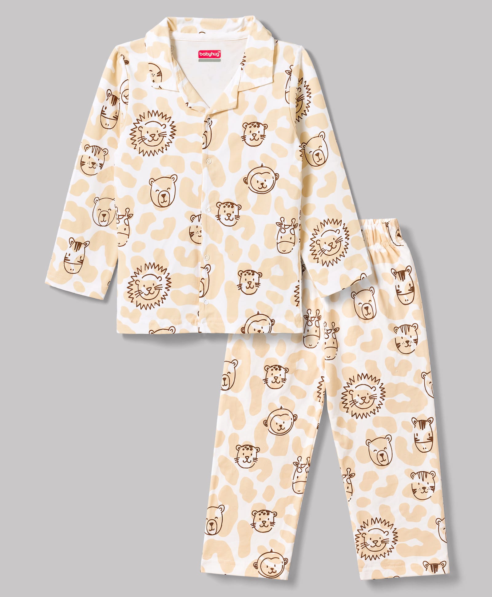 Babyhug Cotton Knit Full Sleeves Front Open Lion Face Printed Co-Ords Shirt & Pyjama Night Suit -White-image-8