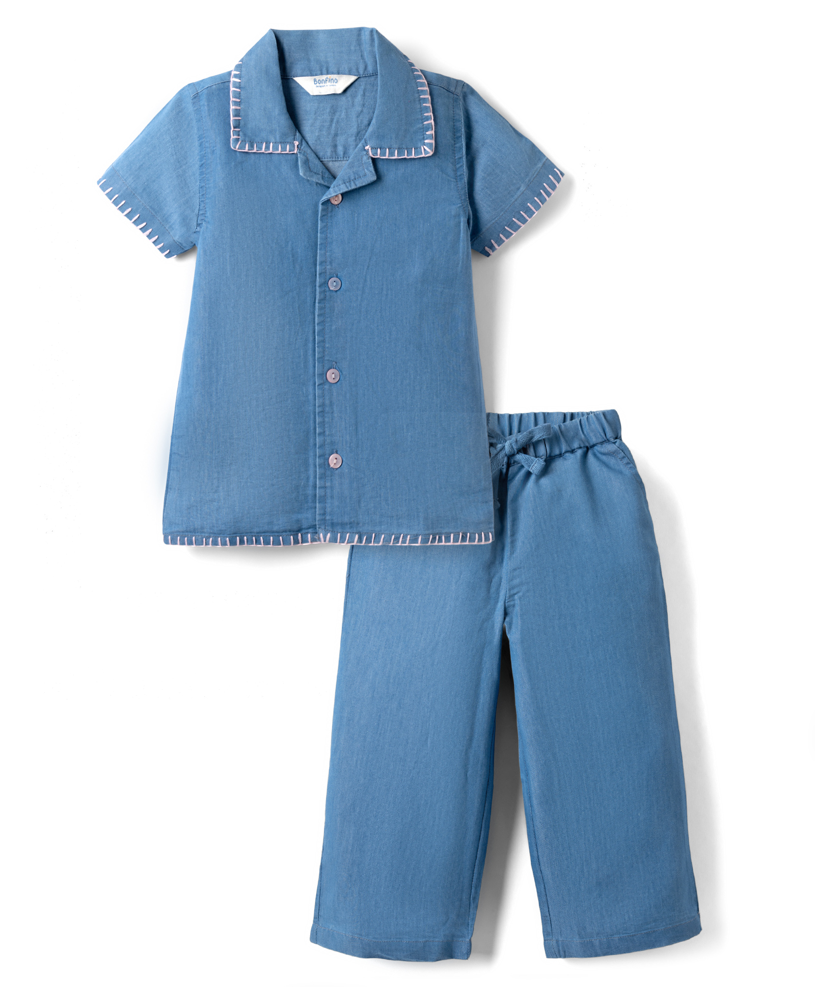 Bonfino Woven Half Sleeves Denim Top & Trouser Set with Blanket Stitch Detailing - Blue-picture-30