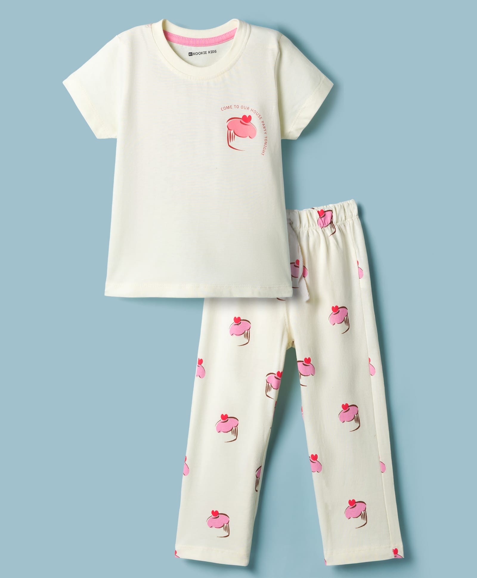 Kookie Kids Single Jersey Knit Half Sleeves Cup Cake Printed T-Shirt & Pajama Night Suit -Cream-image-40