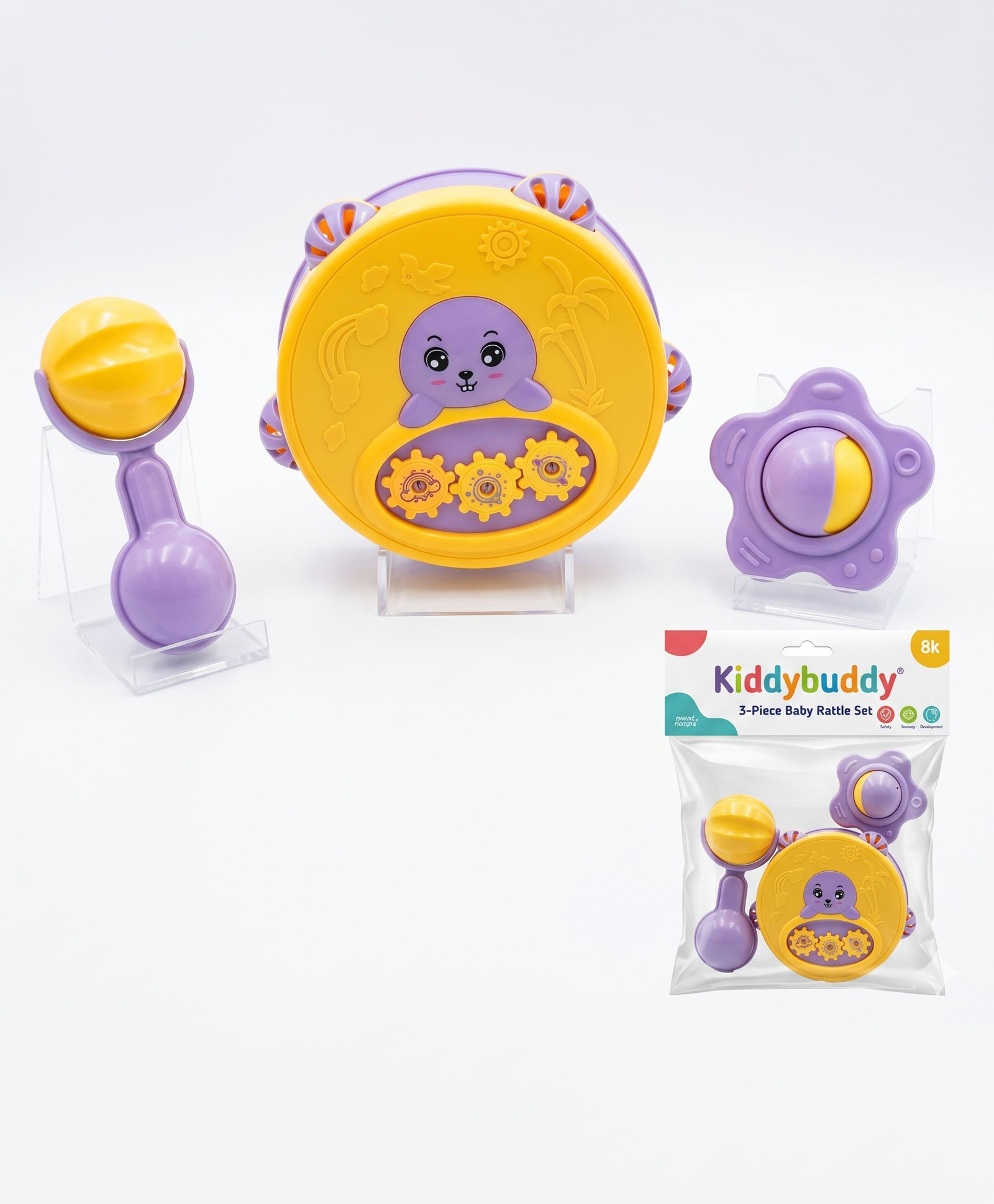 KiddyBuddy 3 Pieces Rattle Toy With Dafli - Yellow & Purple-image-27