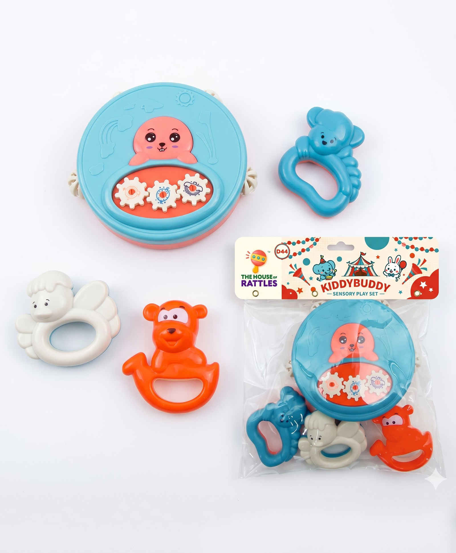 KiddyBuddy 4 Pieces Carnival Rattle Toy With Dafli - Light Blue & Orange-image-48