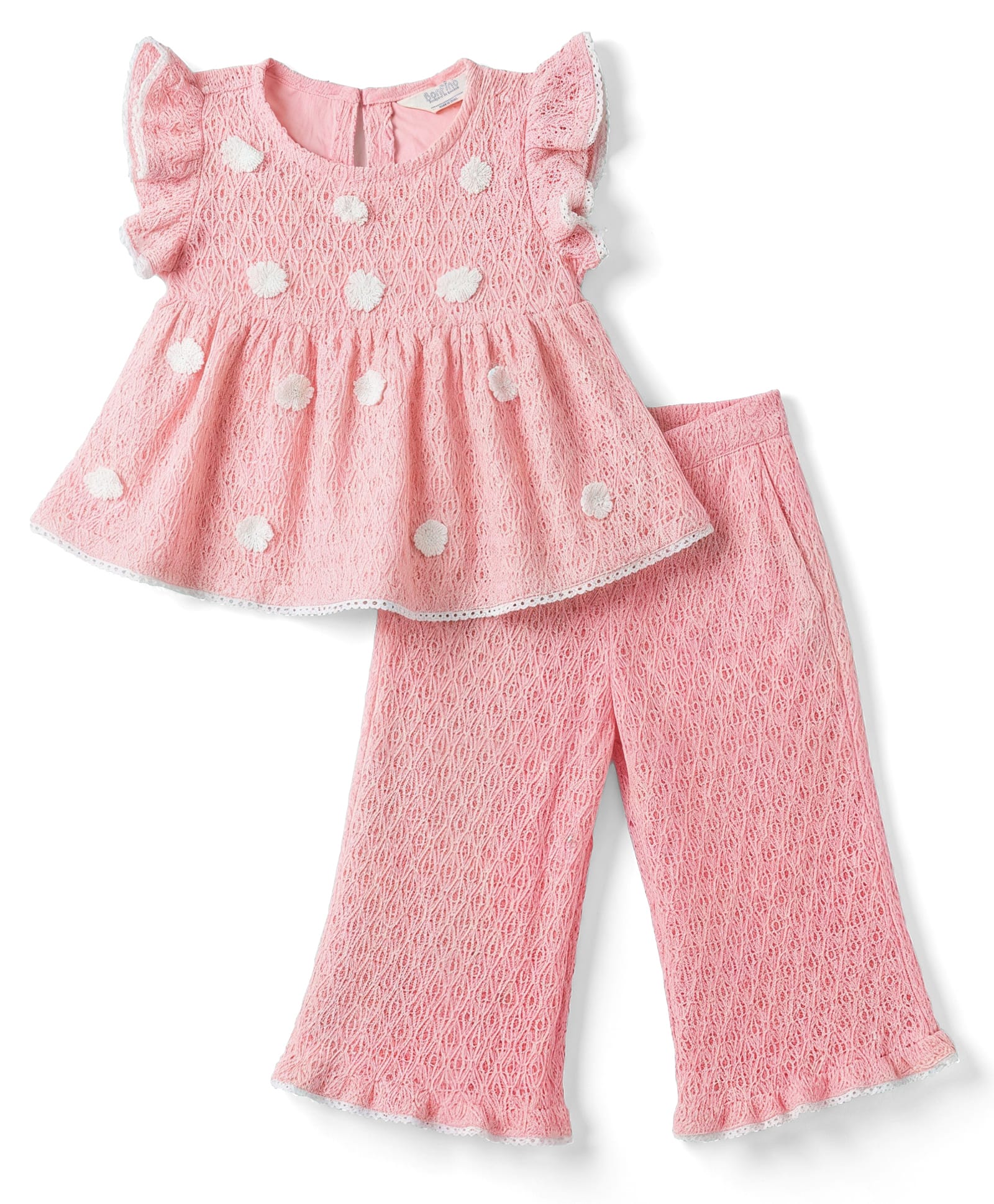 Bonfino 100% Cotton Woven Sleeveless Crochet Peplum Top & Flared Pant With 3-d Floral Applique - Pink-image-49