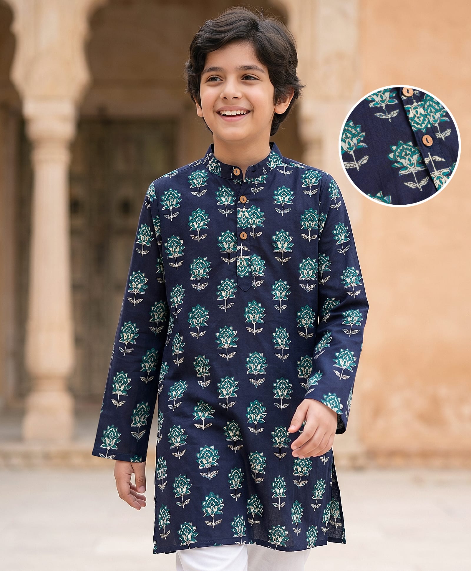 Pine Kids Cotton Woven Full Sleeves Floral Printed Kurta - Navy-picture-33