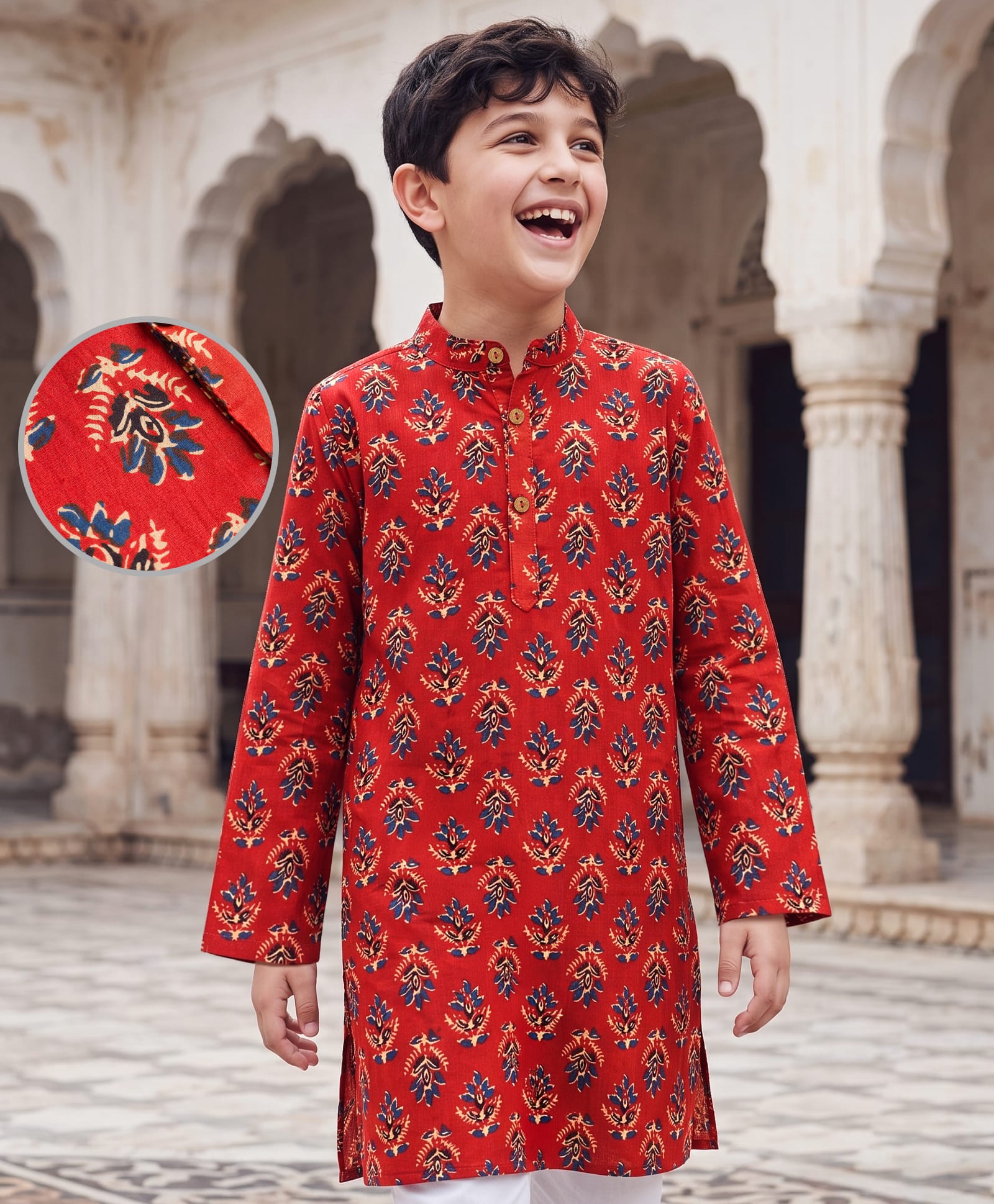 Pine Kids Cotton Woven Full Sleeves Floral Printed Kurta - Maroon