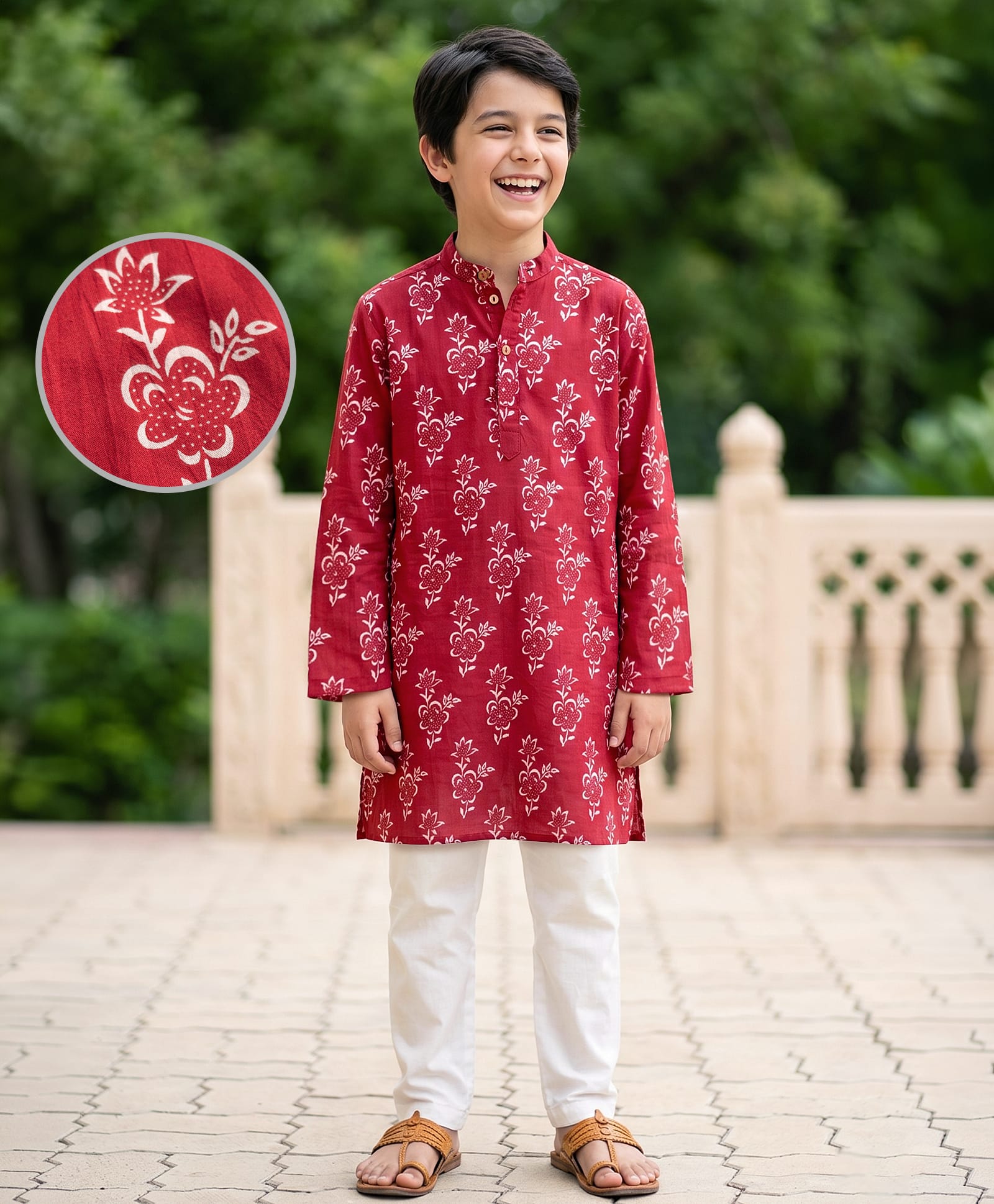 Pine Kids Cotton Woven Full Sleeves Floral Printed Kurta & Pyjama Set - Rust Orange-picture-13