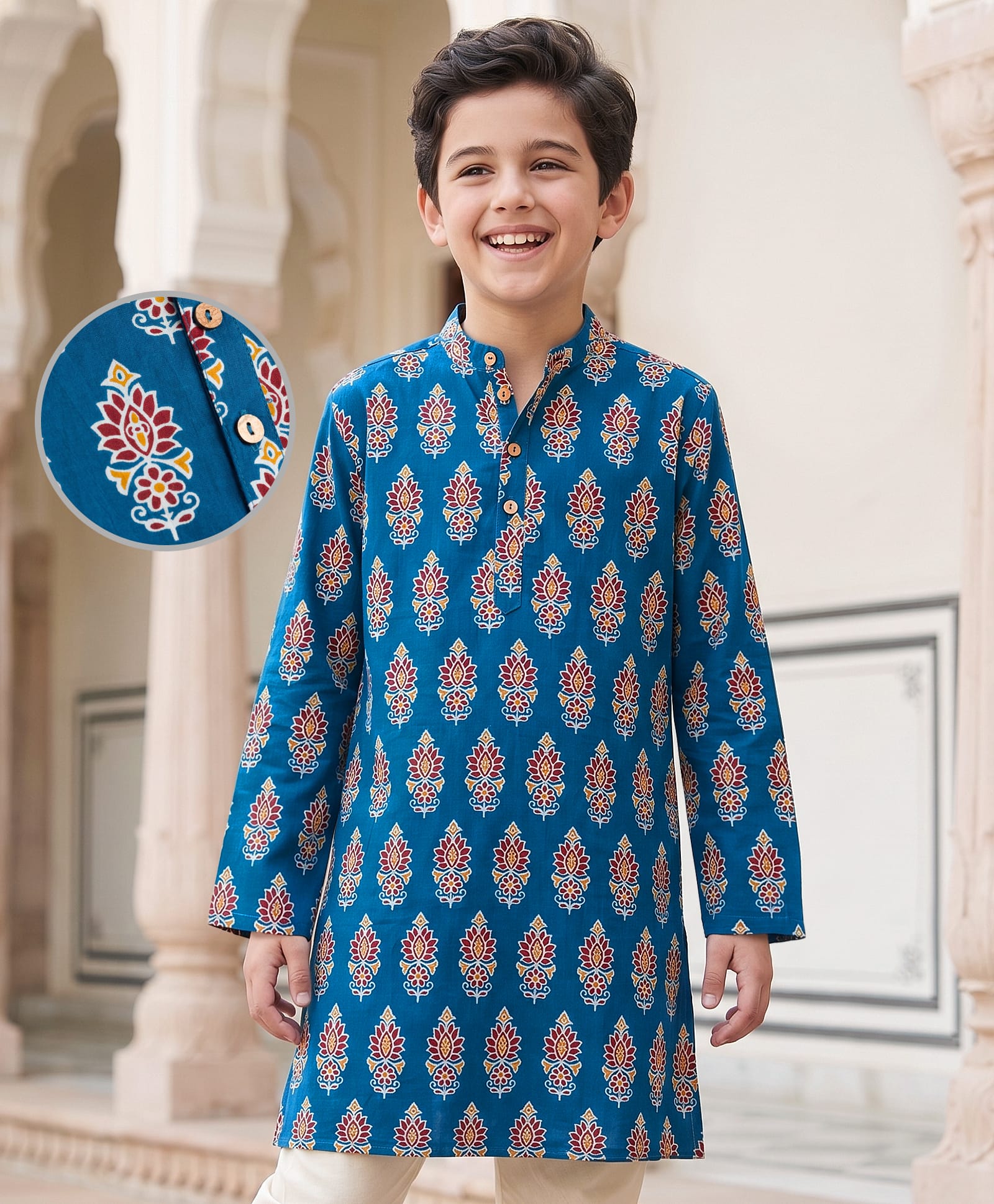 Pine Kids Cotton Woven Full Sleeves Floral Printed Kurta - Royal Blue-picture-9