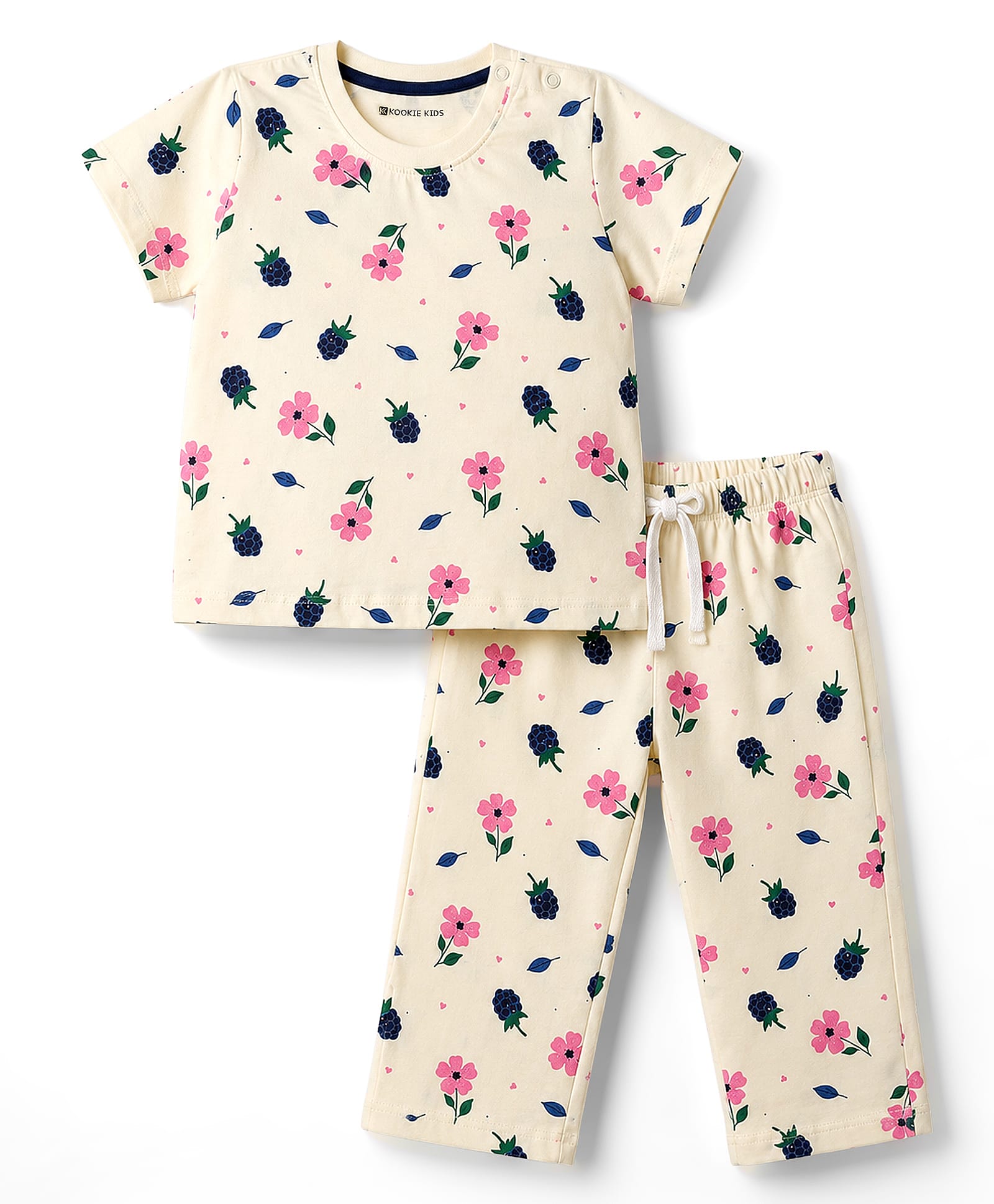 kookie kids india Kookie Kids Single Jersey Knit Half Sleeves Floral Printed Co-Ords T-Shirt & Pajama Night Suit - Off White-picture-37