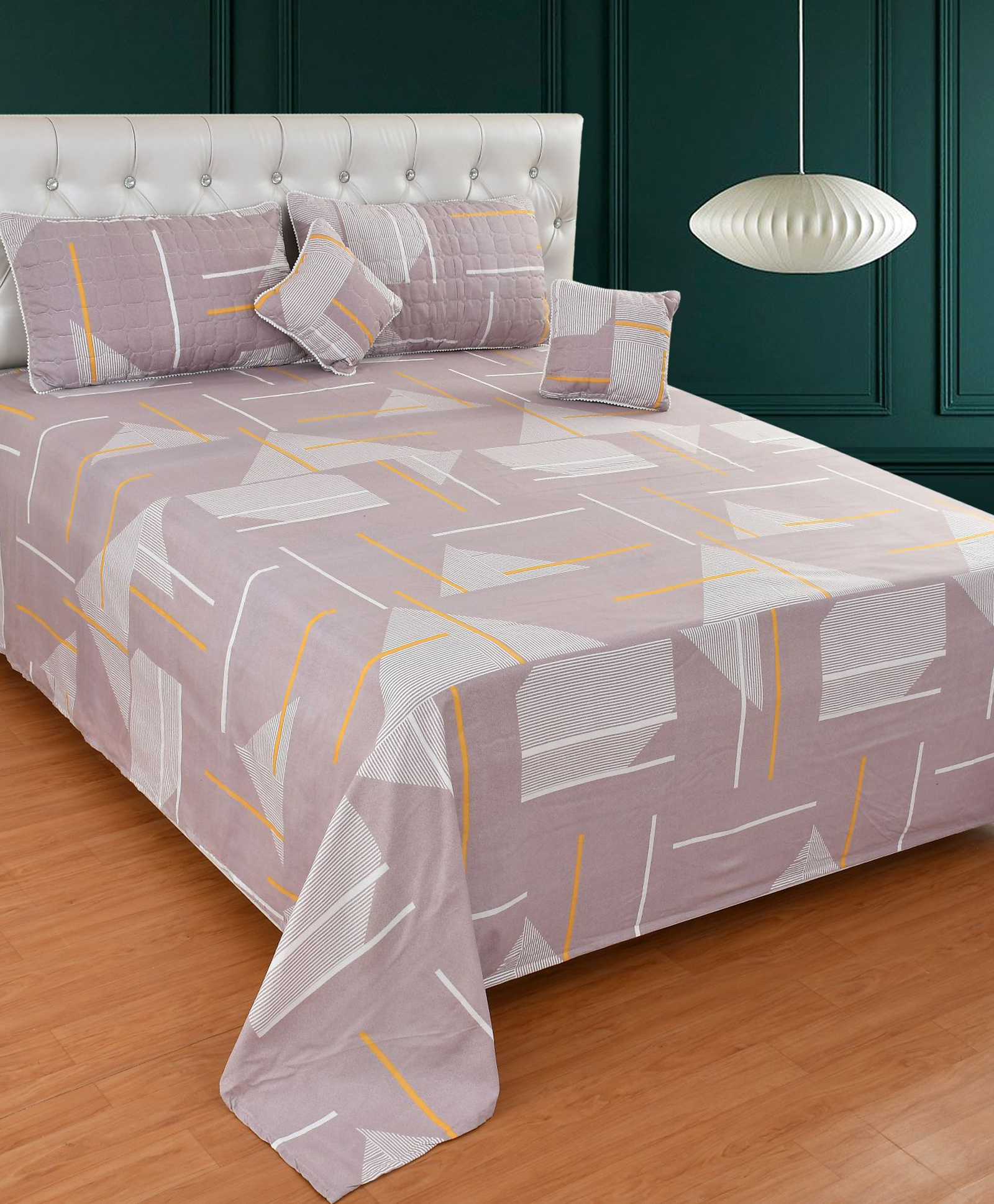 Morado Premium Glace Cotton 5 Pcs Queen Size Bedsheet Set (90x100 Inches) | 2 Pillow Covers & 2 Cushions with Fillers | Elegant Pom Lace Detail | Brown Triangle-image-24