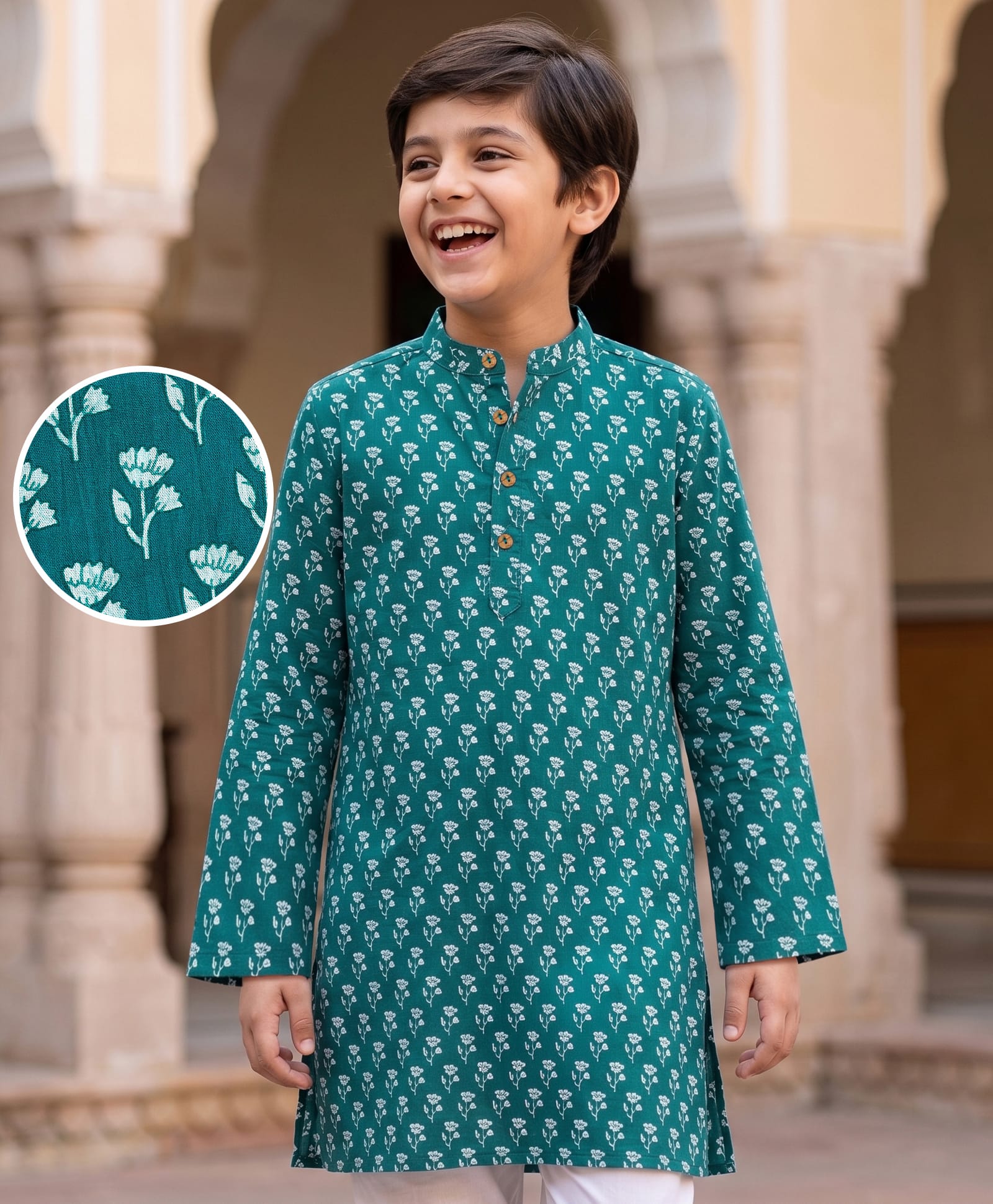 Pine Kids Cotton Woven Full Sleeves Floral Printed Kurta - Teal-image-44