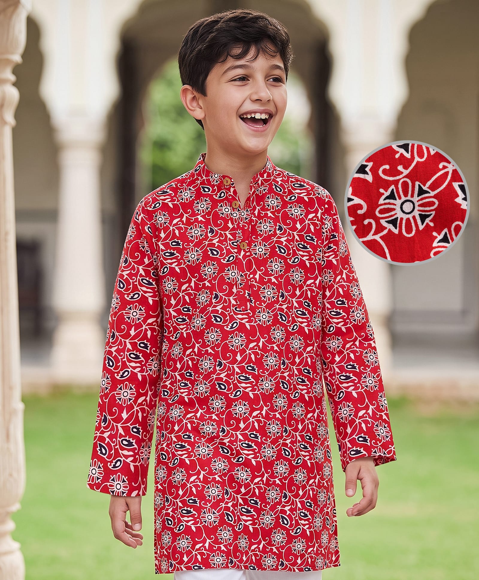 Pine Kids 100% Cotton Woven Full Sleeves Floral Printed Kurta - Red-picture-27