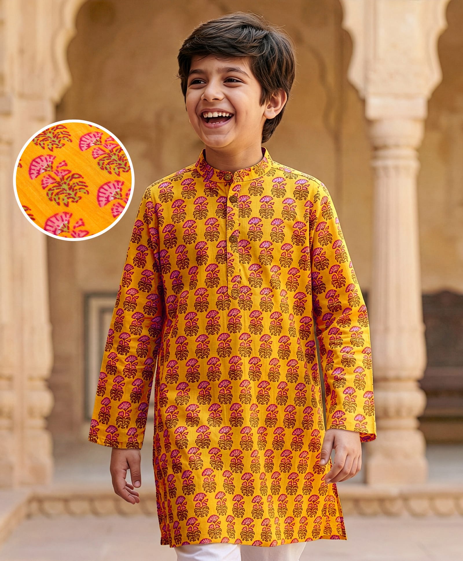 Pine Kids Cotton Woven Full Sleeves Floral Printed Kurta - Mustard-image-9