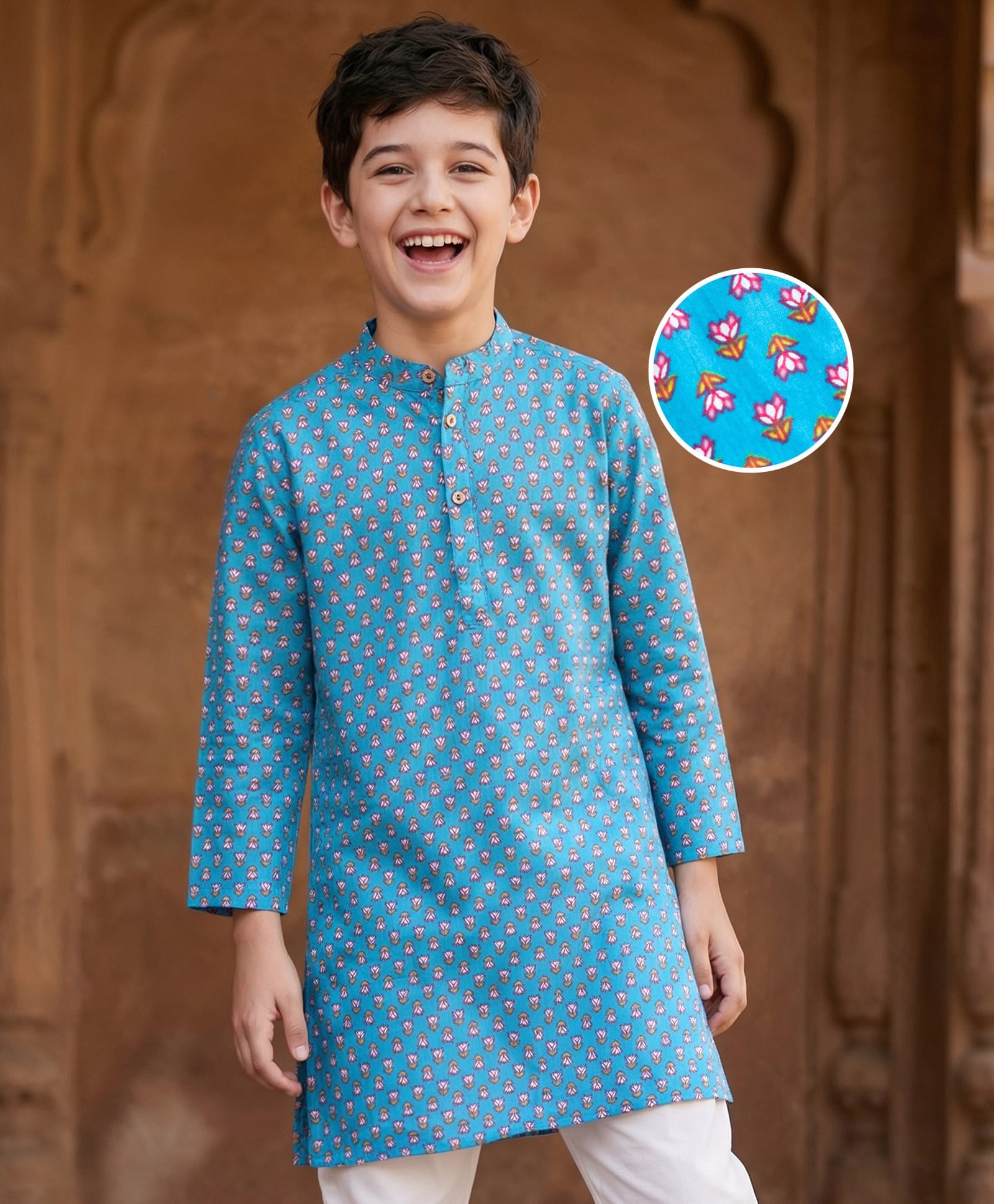 Pine Kids Cotton Woven Full Sleeves Floral Printed Kurta - Light Blue-image-2