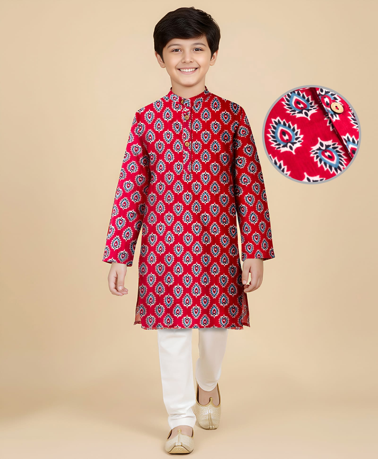 Pine Kids Cotton Woven Full Sleeves Kurta Pajama Set with Floral Print - Maroon-picture-33