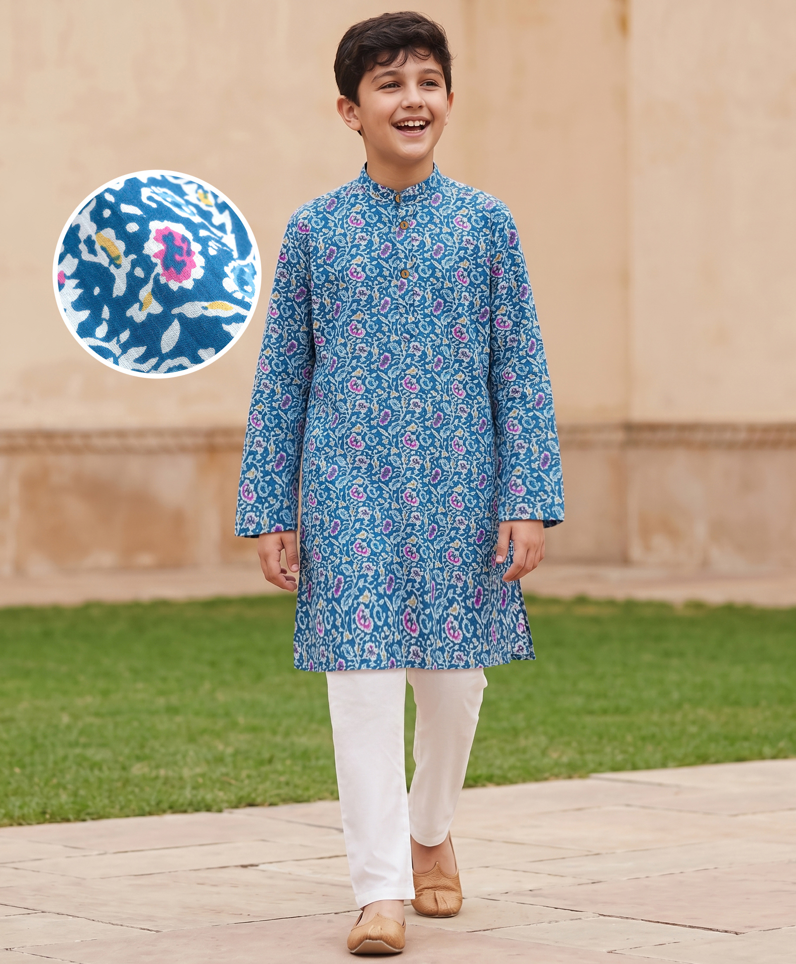 Pine Kids Cotton Woven Full Sleeves Floral Printed Kurta Pajama Set - Blue-picture-24