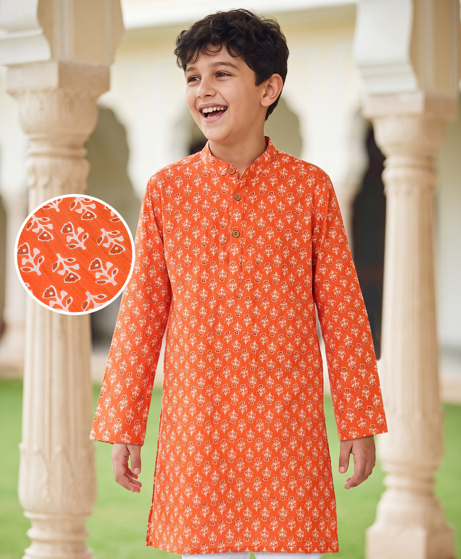 Pine Kids Cotton Woven Full Sleeves Floral Printed Kurta - Orange-picture-17