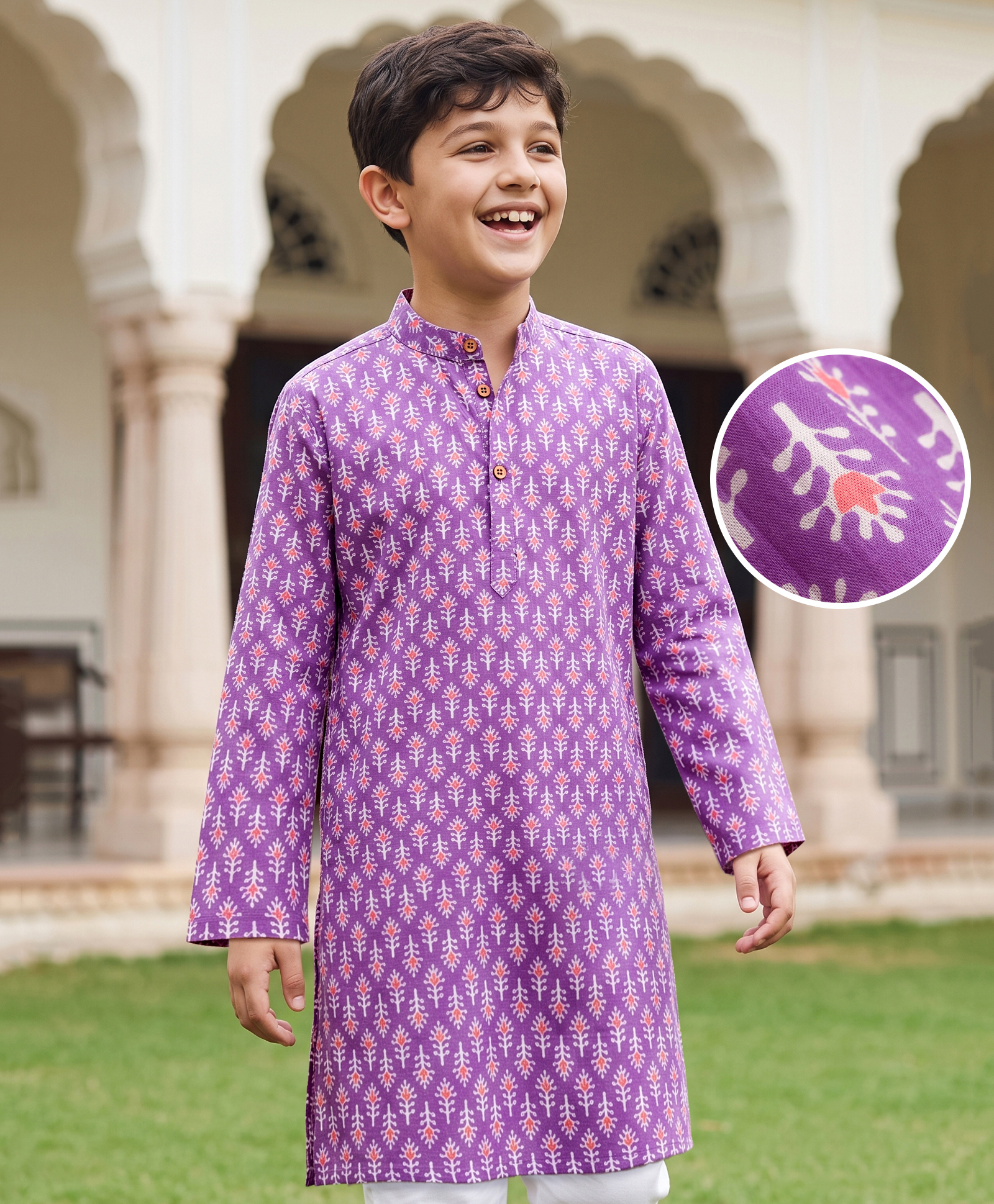 Pine Kids Cotton Woven Full Sleeves Floral Printed Kurta - Purple-image-5