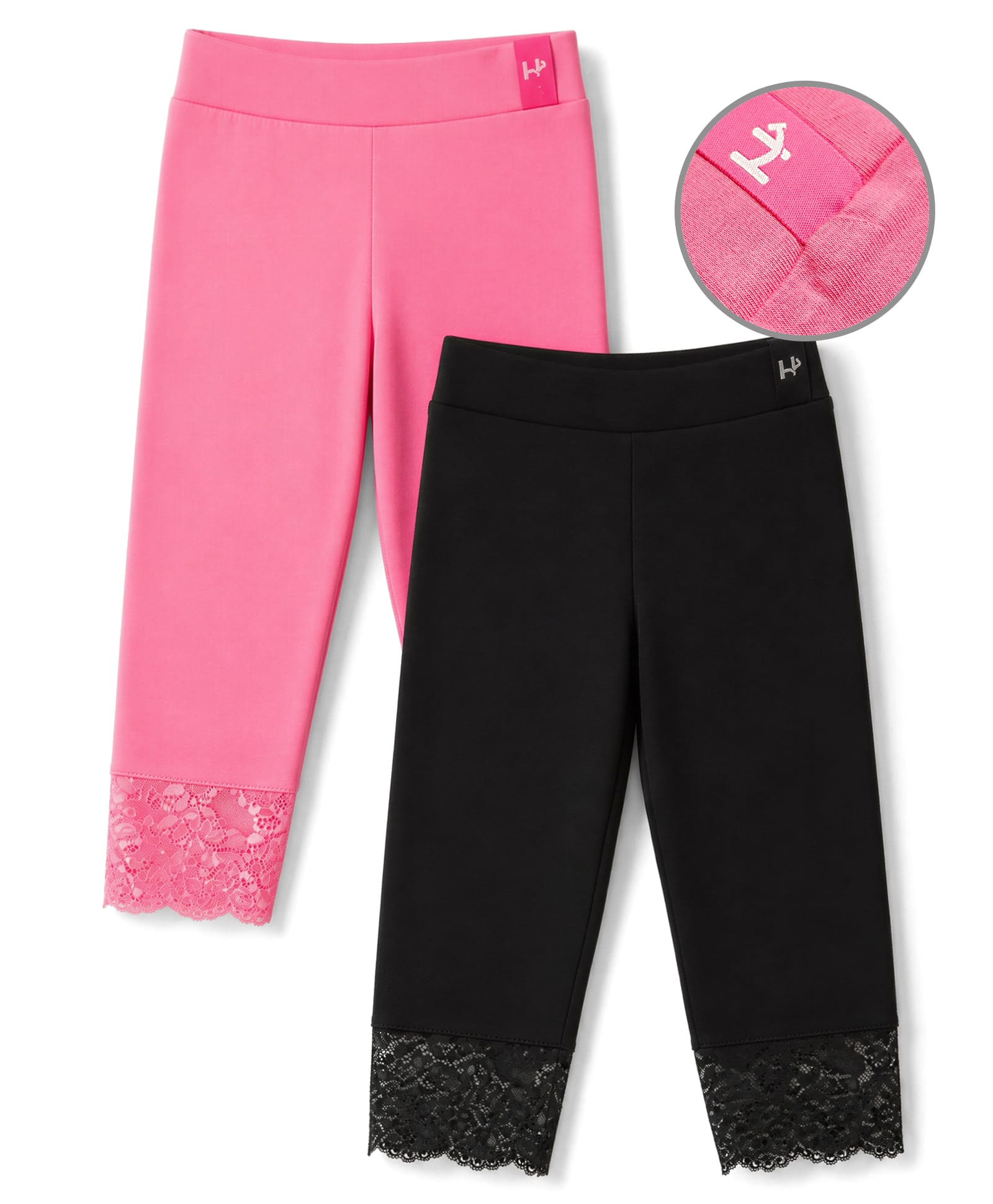 Honeyhap Premium Cotton Elastane Knit Full Length Solid Leggings With Lace Detailing Pack Of 2 - Black Beauty & Pink Lemonade-image-17