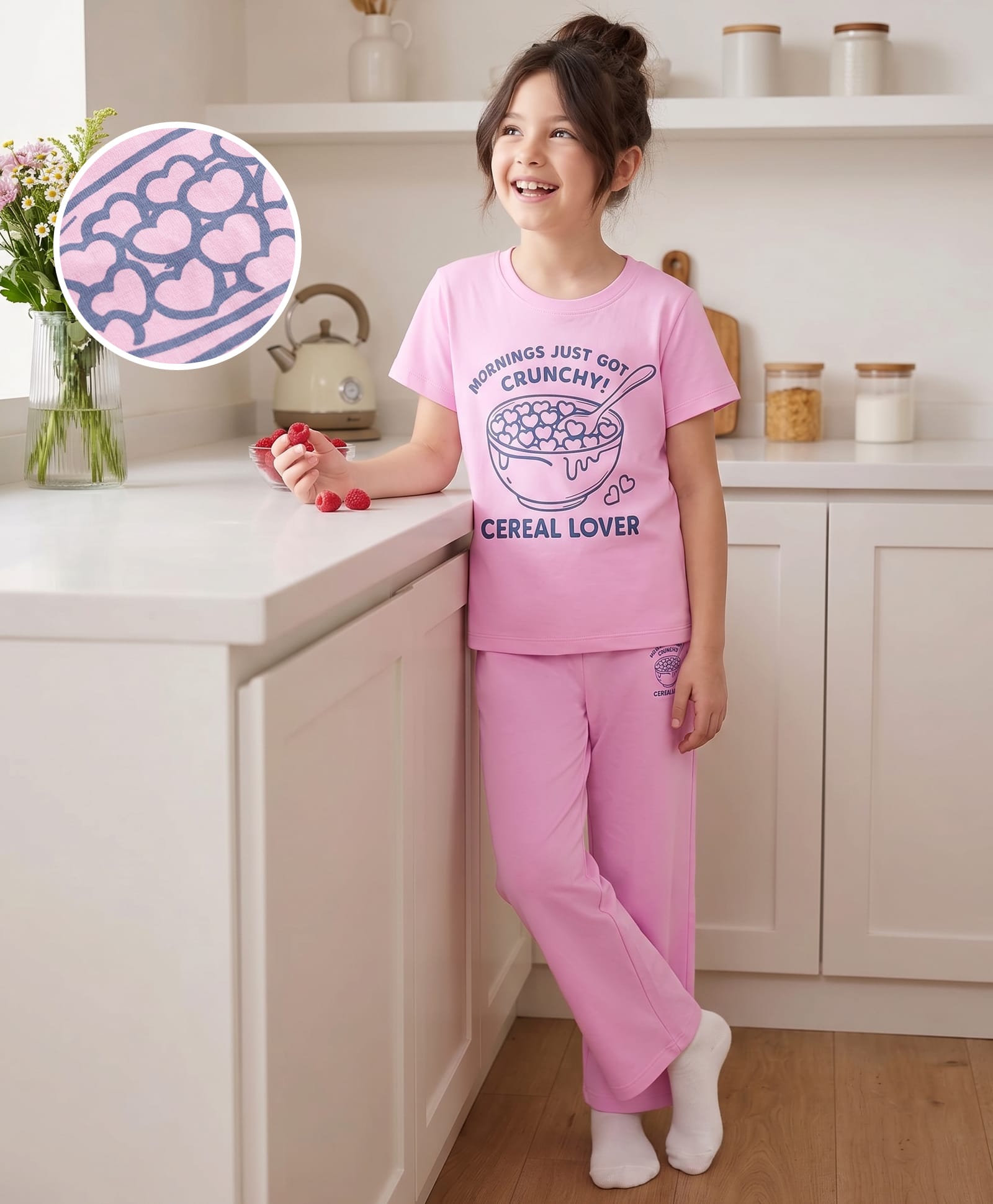 Kookie Kids 100% Cotton Knit Half Sleeves Hearts & Text Printed T-Shirt & Pyjama Night Suit - Light Pink-image-31