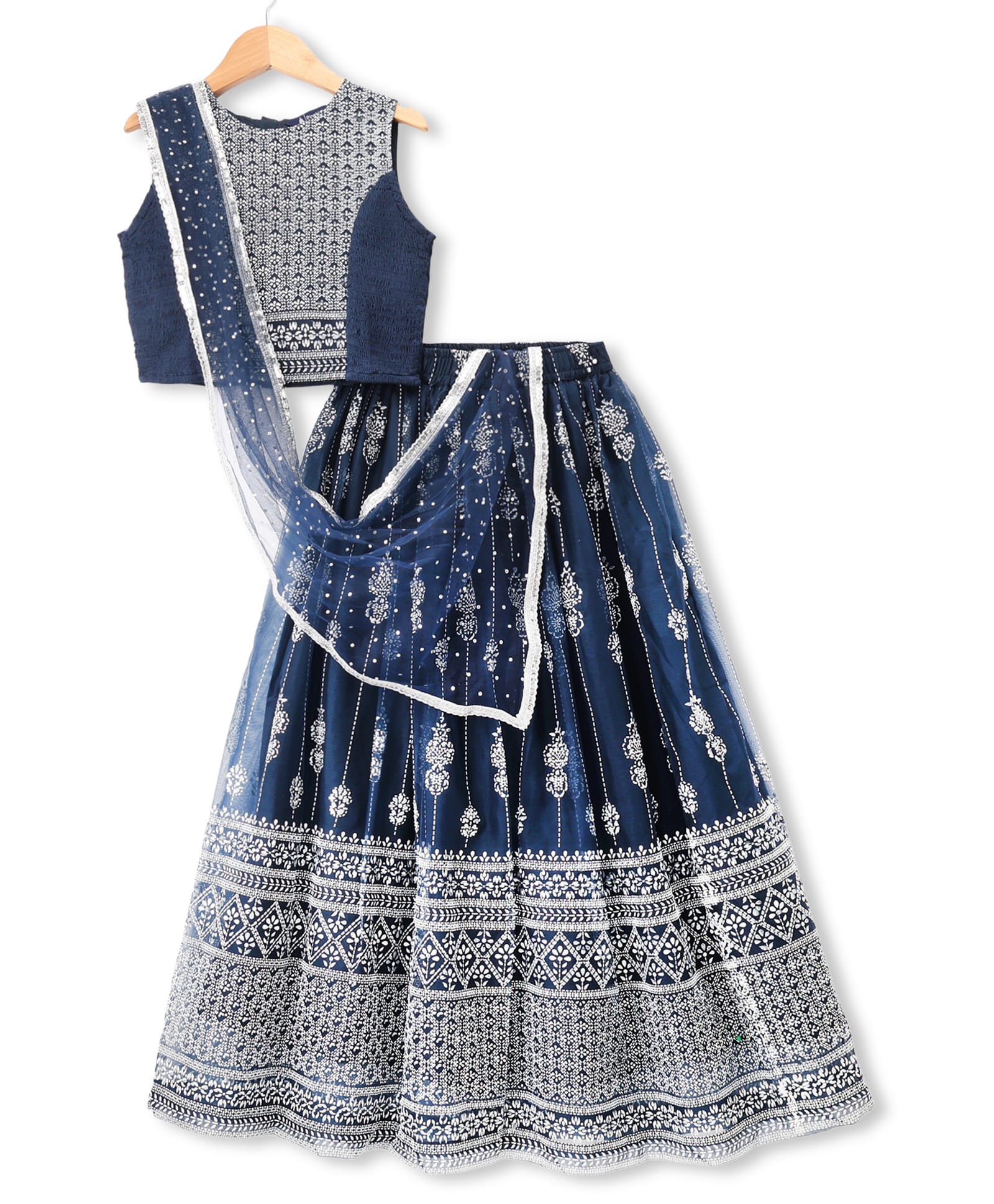 Pine Kids Woven Sleeveless Lehenga Choli Dupatta Set With Floral Print - Navy Blue-picture-20