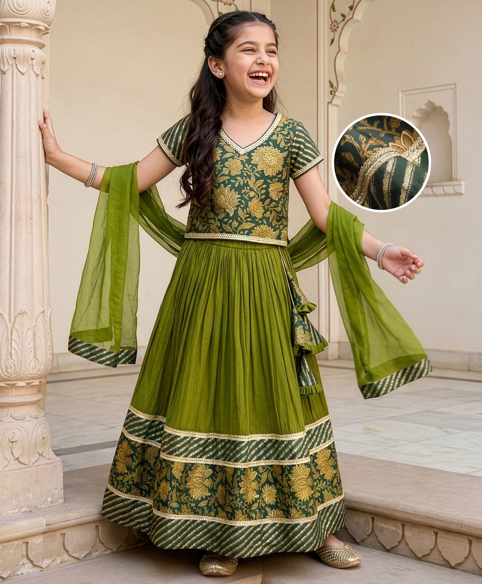 Pine Kids Woven Half Sleeves Lehenga Choli & Dupatta Set With Floral Print & Lace Detailing - Olive Green-picture-42