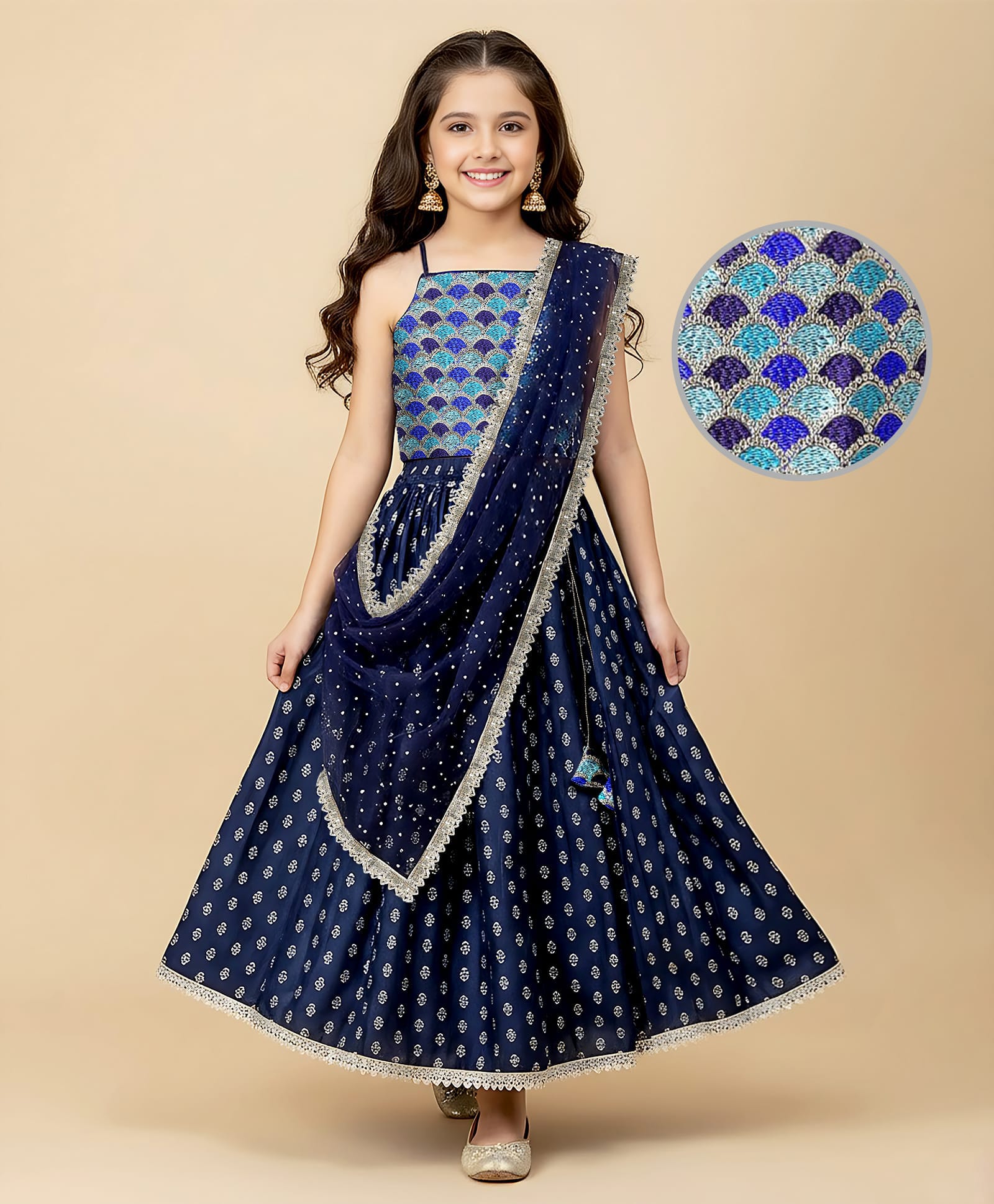 Pine Kids Woven Sleeveless Sequinned & Floral Foil Printed Lehenga Choli Set With Dupatta - Navy Blue-image-27