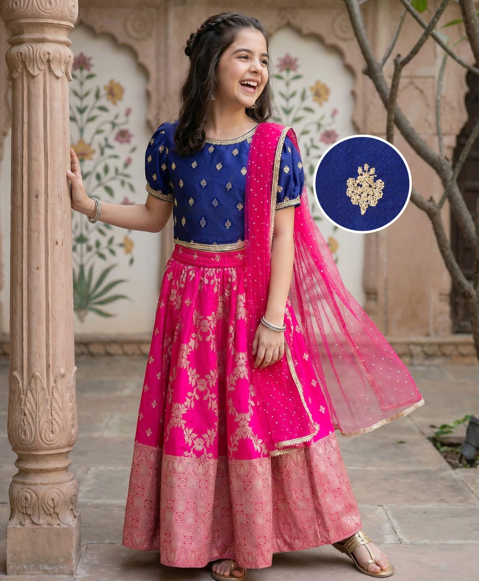 Pine Kids Woven Half Puffed Sleeves Floral Embroidered Choli Lahenga Set with Dupatta - Navy Blue-picture-2