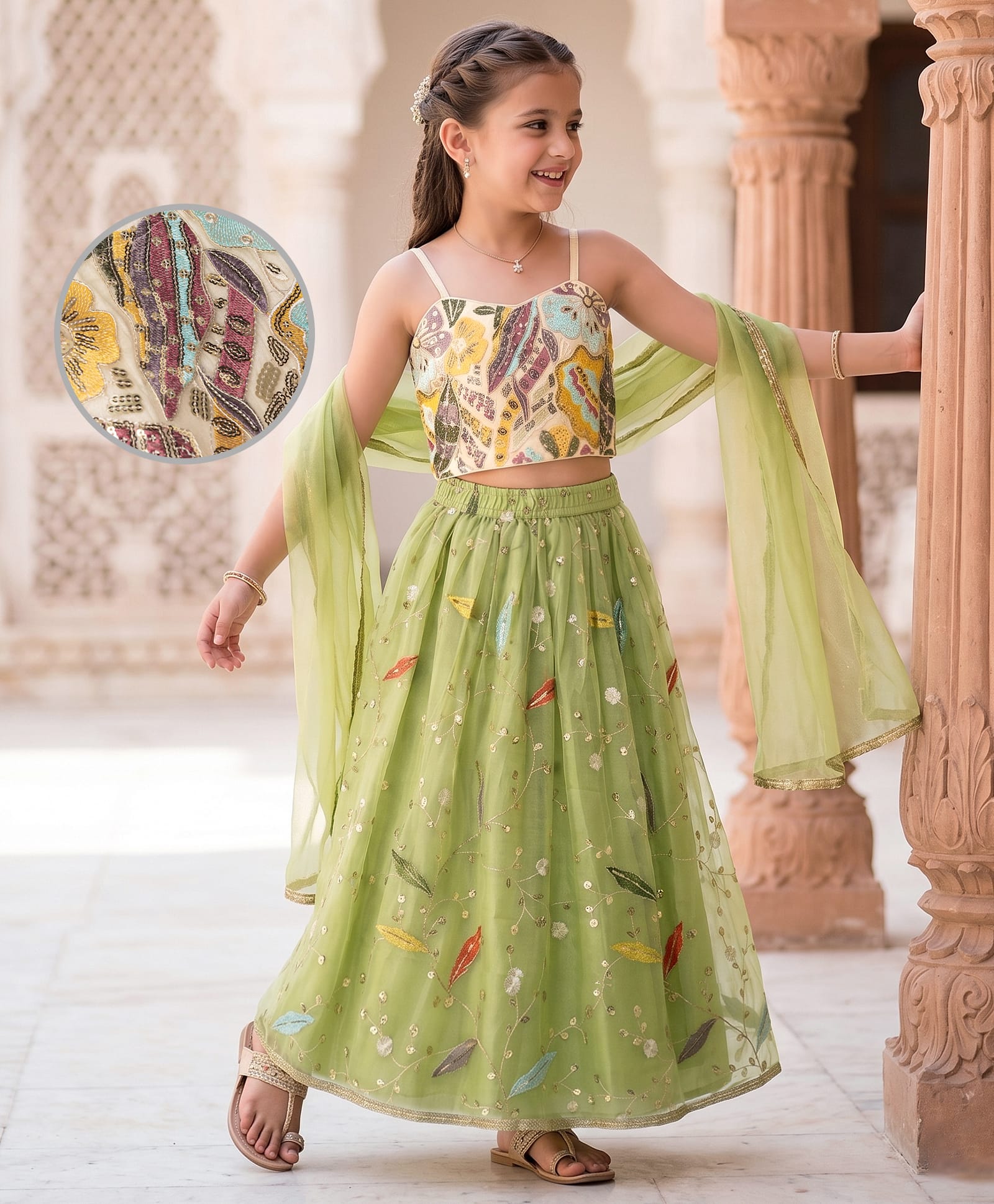Pine Kids Woven Sleeveless Floral Sequinned Choli & Lehegnga Set With Dupatta - Lime Green-image-18
