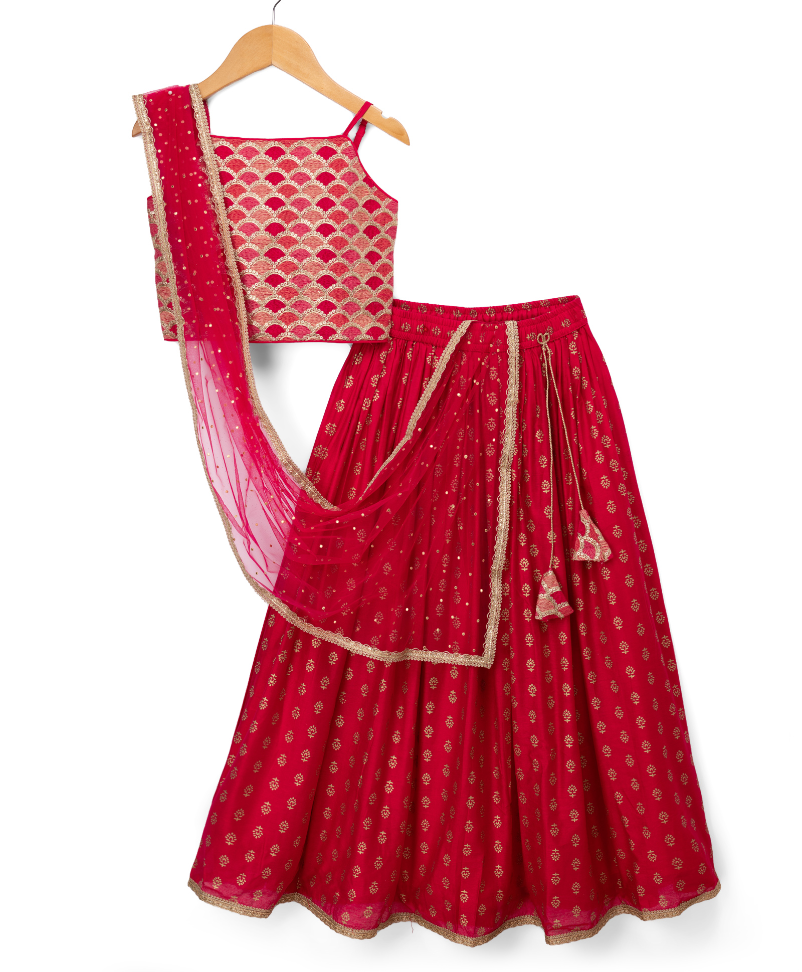 Pine Kids Woven Sleeveless Lehenga Choli Dupatta Set With Sequin Detailing & Floral Foil Print - Dark Pink-picture-0