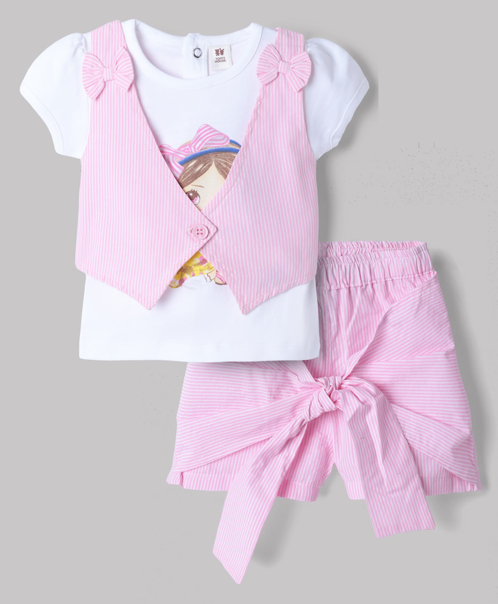 ToffyHouse Interlock Knit Half Sleeves Doll Printed Top & Shorts Set with Jacket- Pink-picture-48