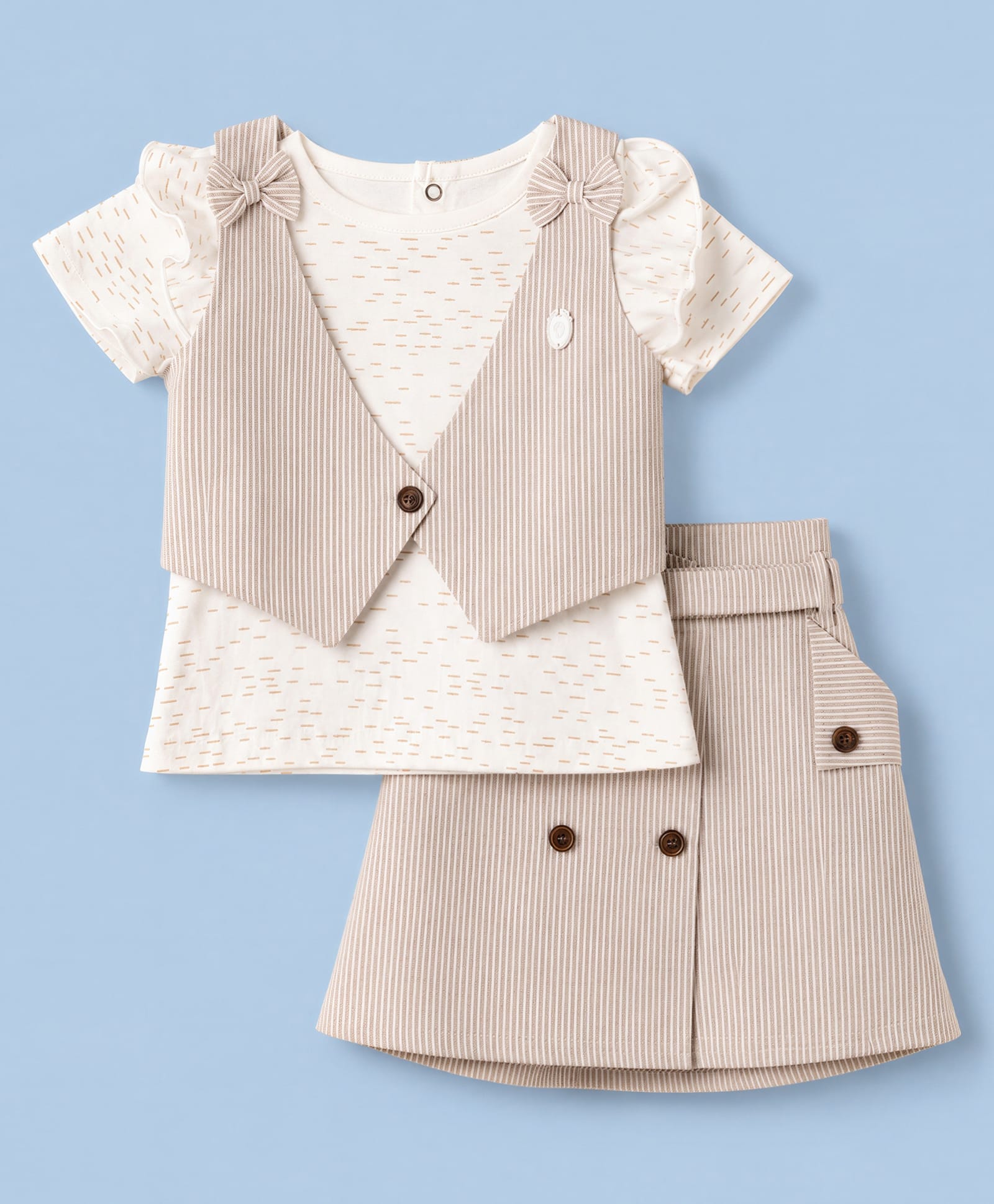 ToffyHouse Cotton Interlock Knit Striped Top & Skirts Set & Jacket - Tan-image-37