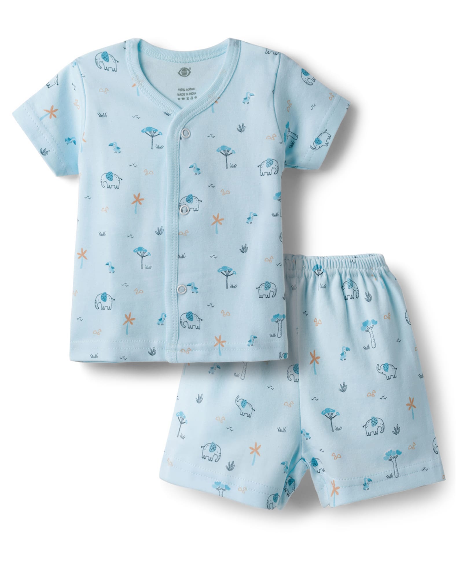 Zero Sinker Knit Half Sleeves Co-Ords T-Shirt & Shorts Night Suit with Animal & Tropical Print - Sky Blue-image-38