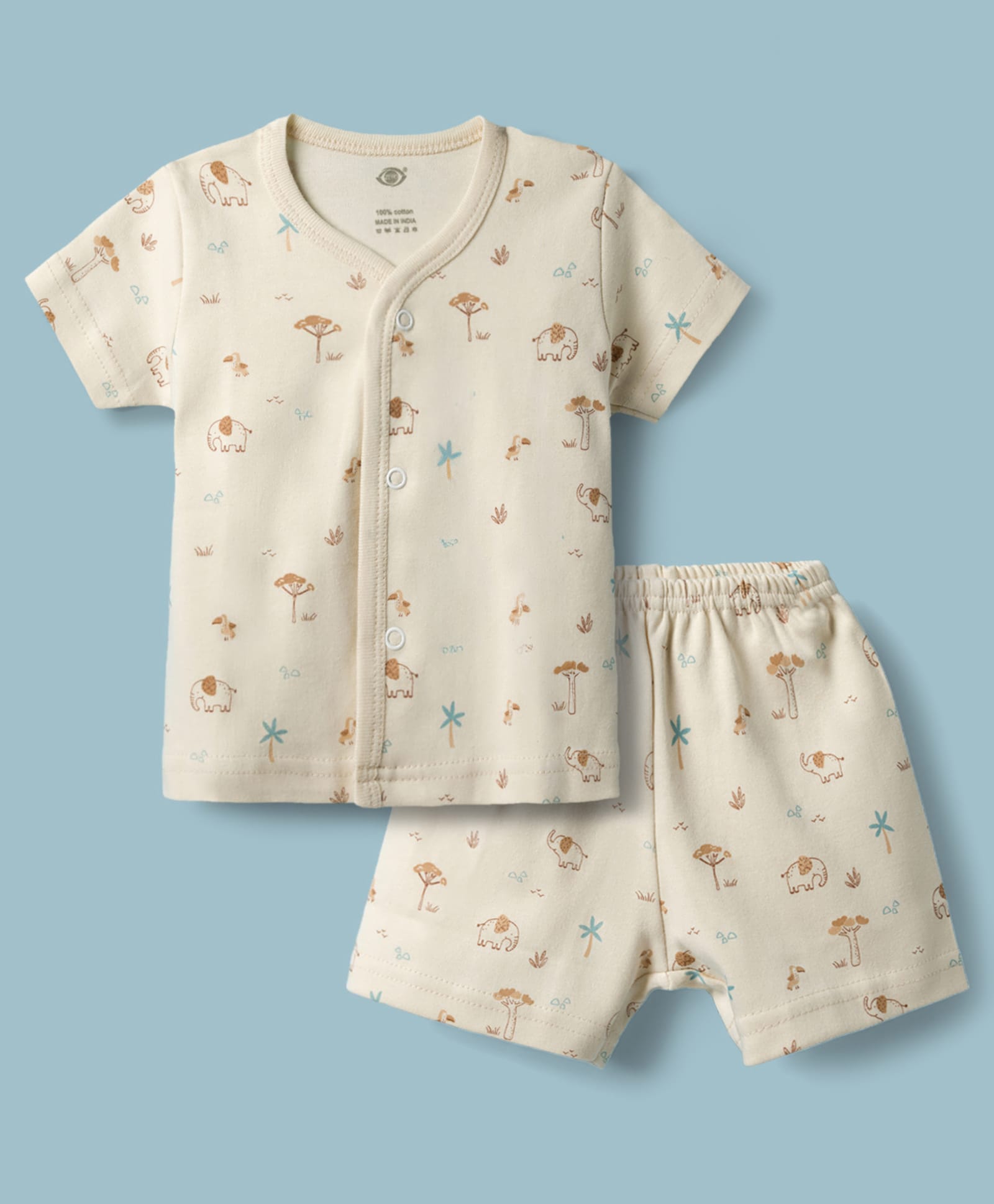 Zero Sinker Knit Half Sleeves Co-Ords T-Shirt & Shorts Night Suit with Animal & Tropical Print - Beige-picture-23