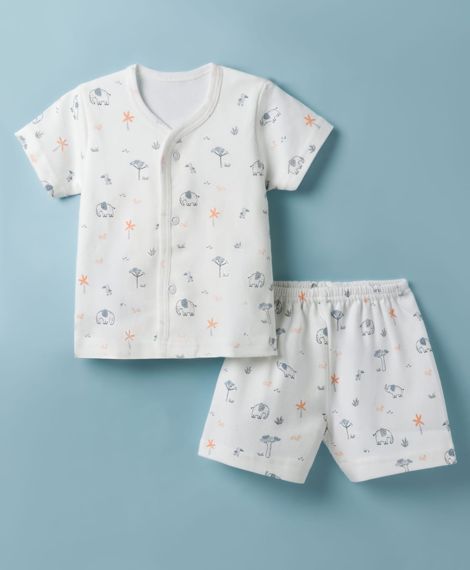 Zero Sinker Knit Half Sleeves Co-Ords T-Shirt & Shorts Night Suit with Animal & Tropical Print - White-picture-37
