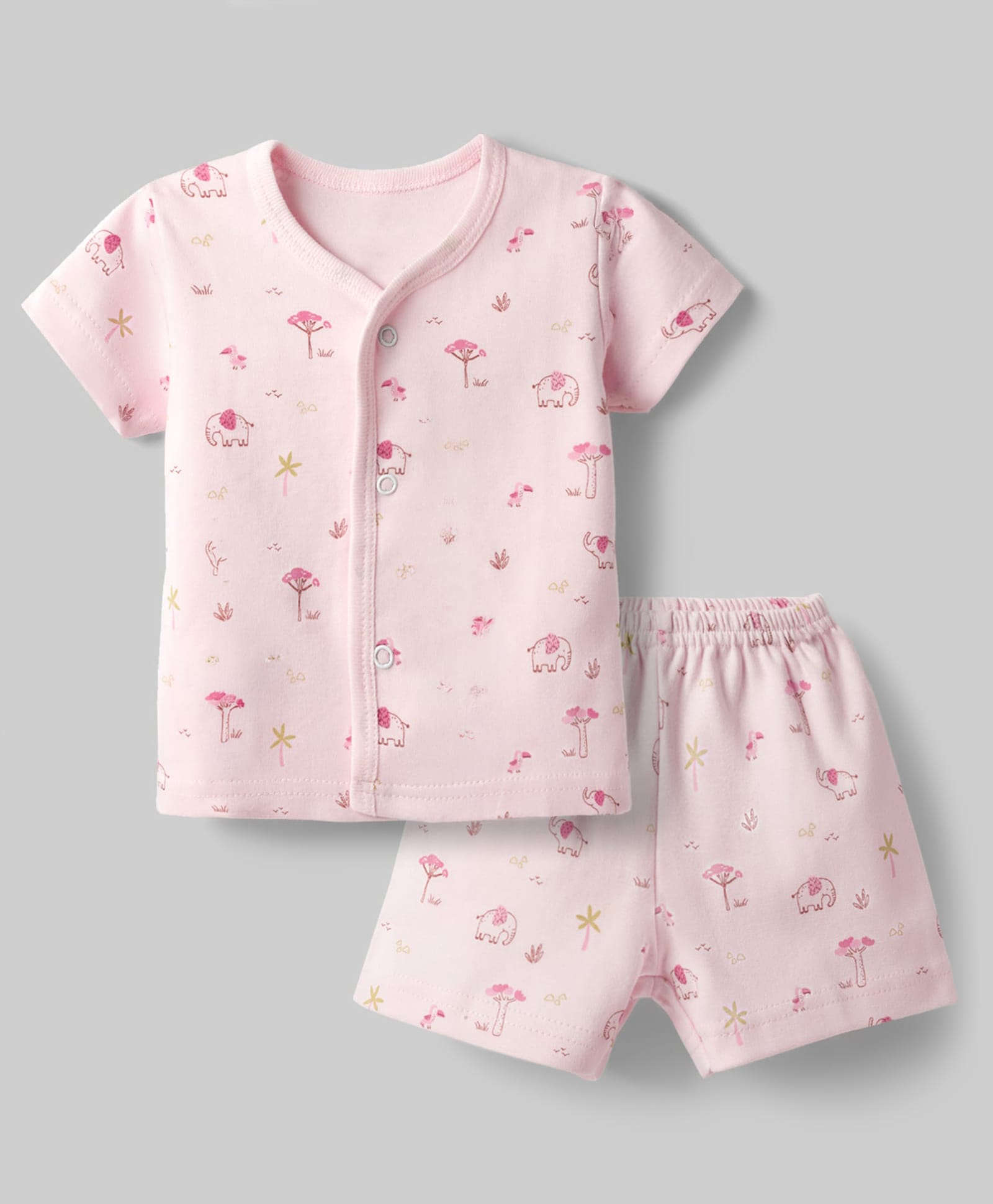 Zero Sinker Knit Half Sleeves Co-Ords T-Shirt & Shorts Night Suit with Animal & Tropical Print - Pink-picture-40
