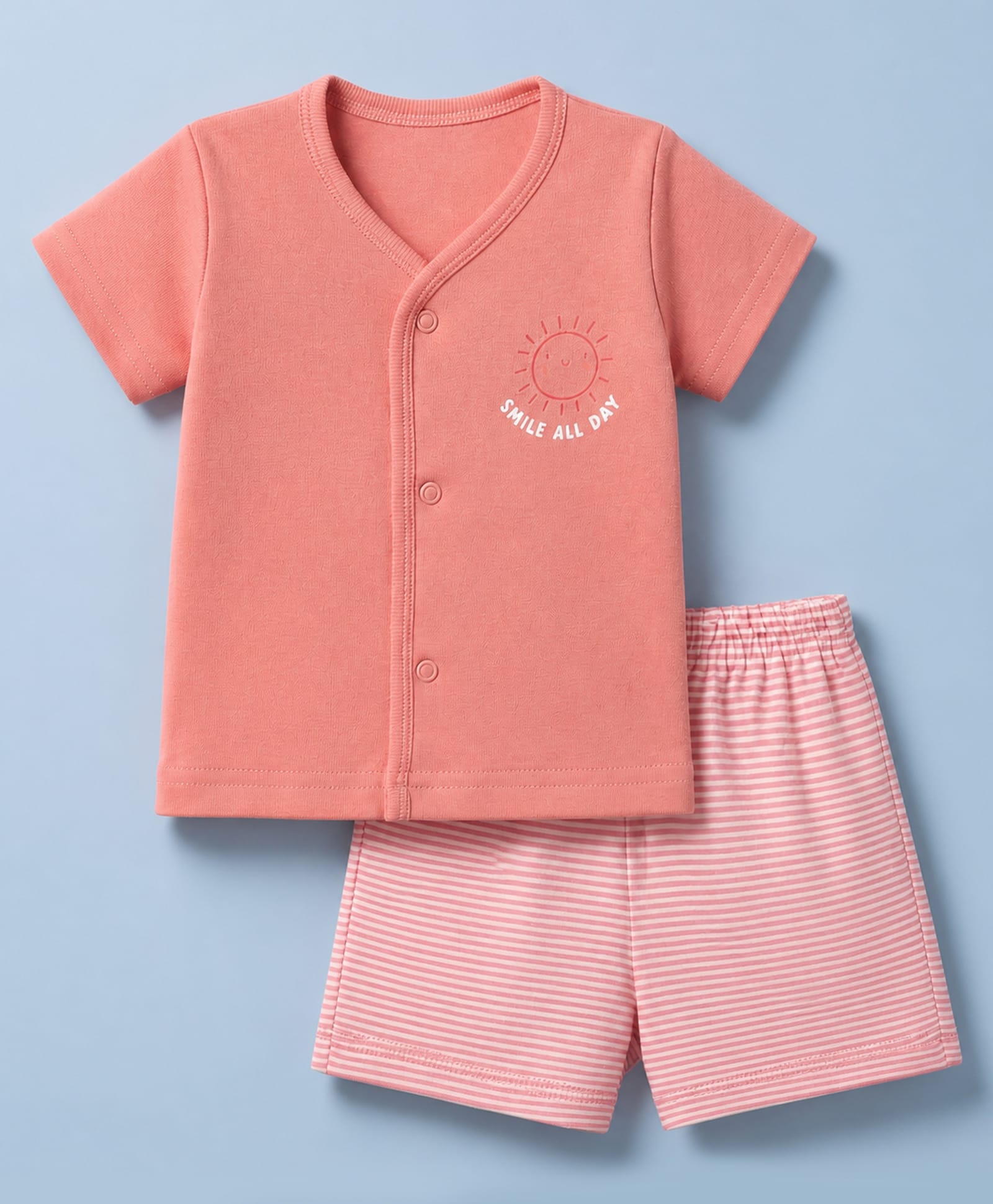 Zero Sinker Knit Half Sleeves T-Shirt & Striped Shorts Night Suit with Smile All Day Print - Dark Peach-image-23