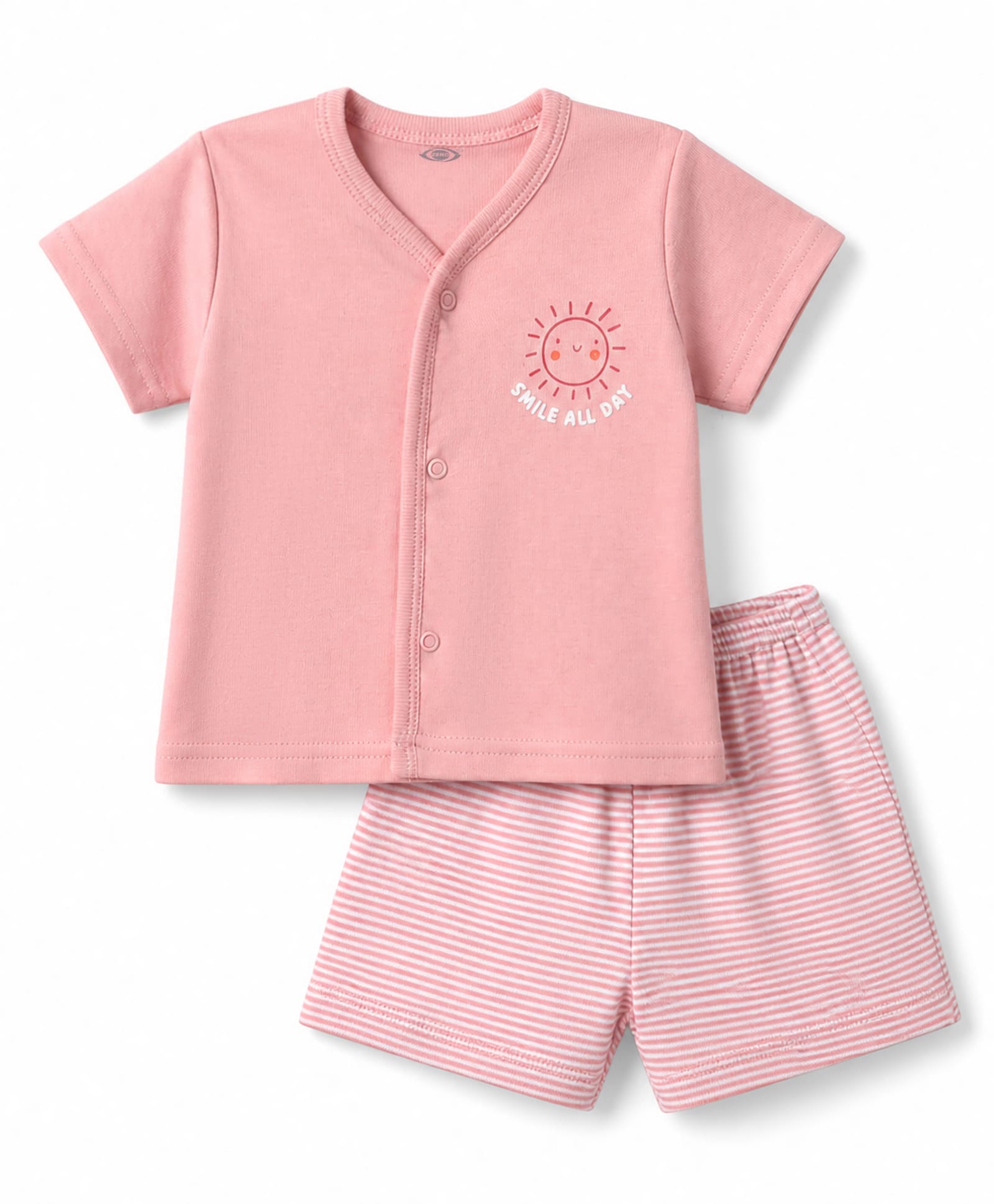 Zero Sinker Knit Half Sleeves T-Shirt & Striped Shorts Night Suit with Smile All Day Print - Pink-picture-7