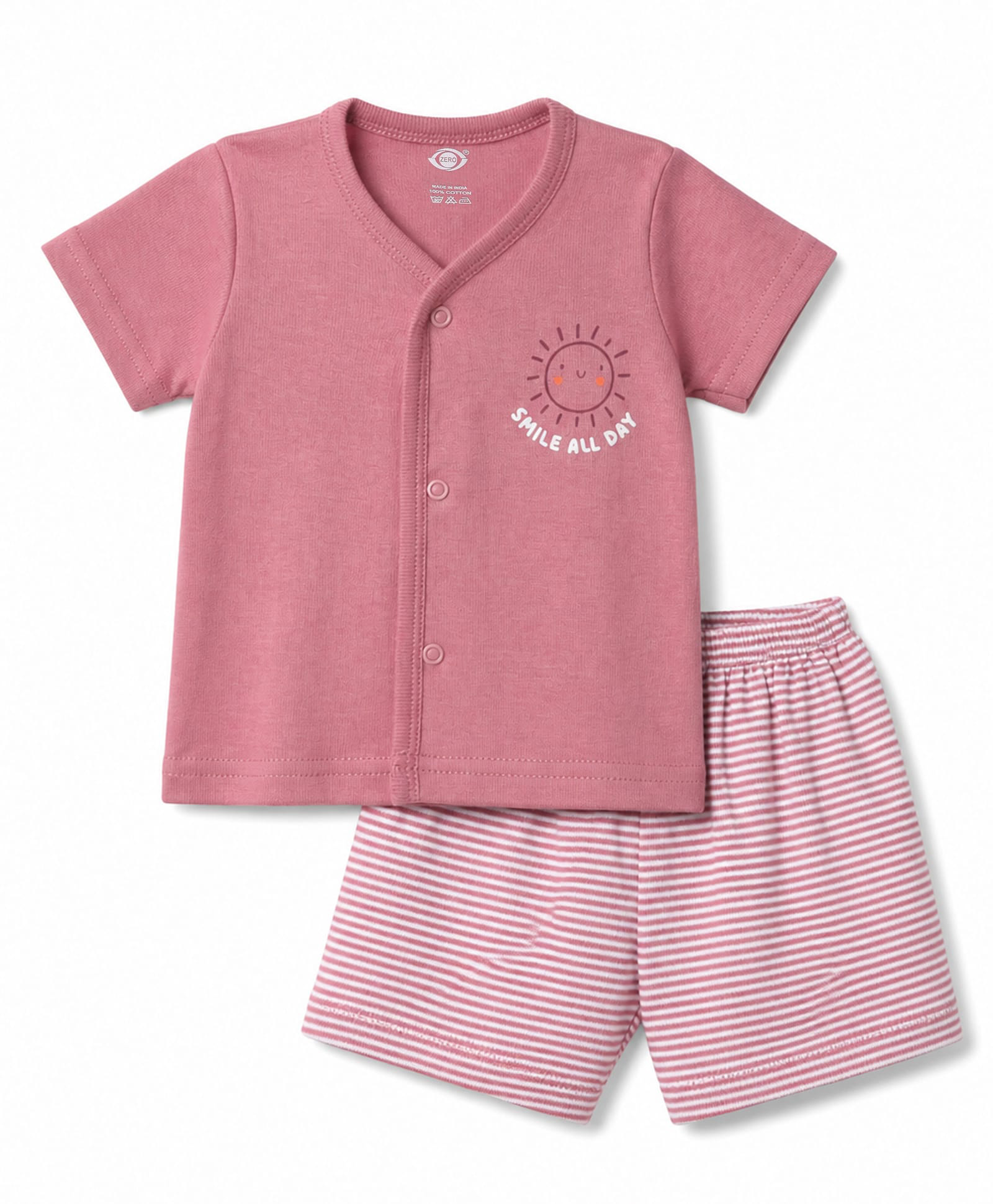 Zero Sinker Knit Half Sleeves T-Shirt & Striped Shorts Night Suit with Smile All Day Print - Rose Gold-picture-18