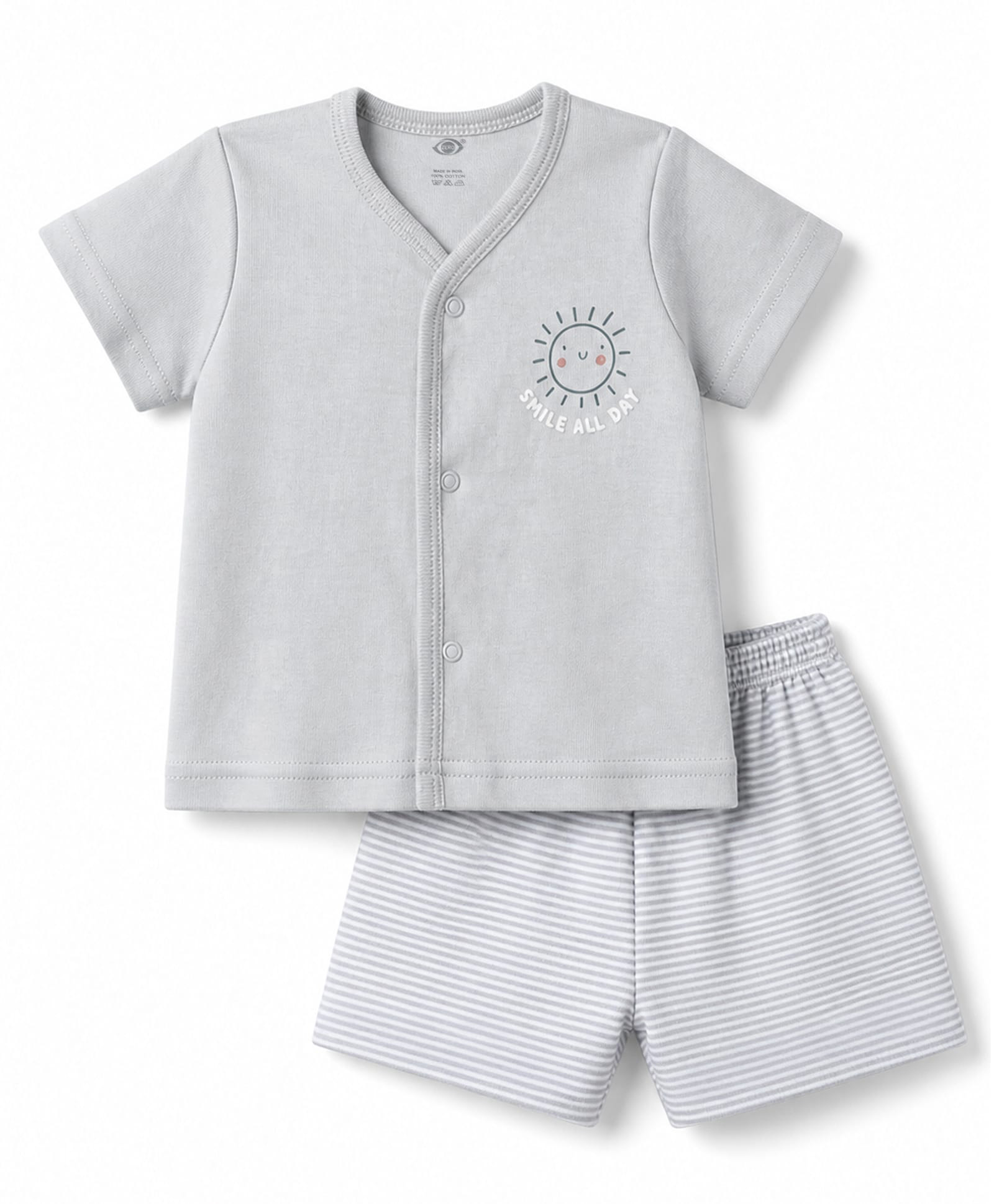 Zero Sinker Knit Half Sleeves T-Shirt & Striped Shorts Night Suit with Smile All Day Print - Silver-picture-25