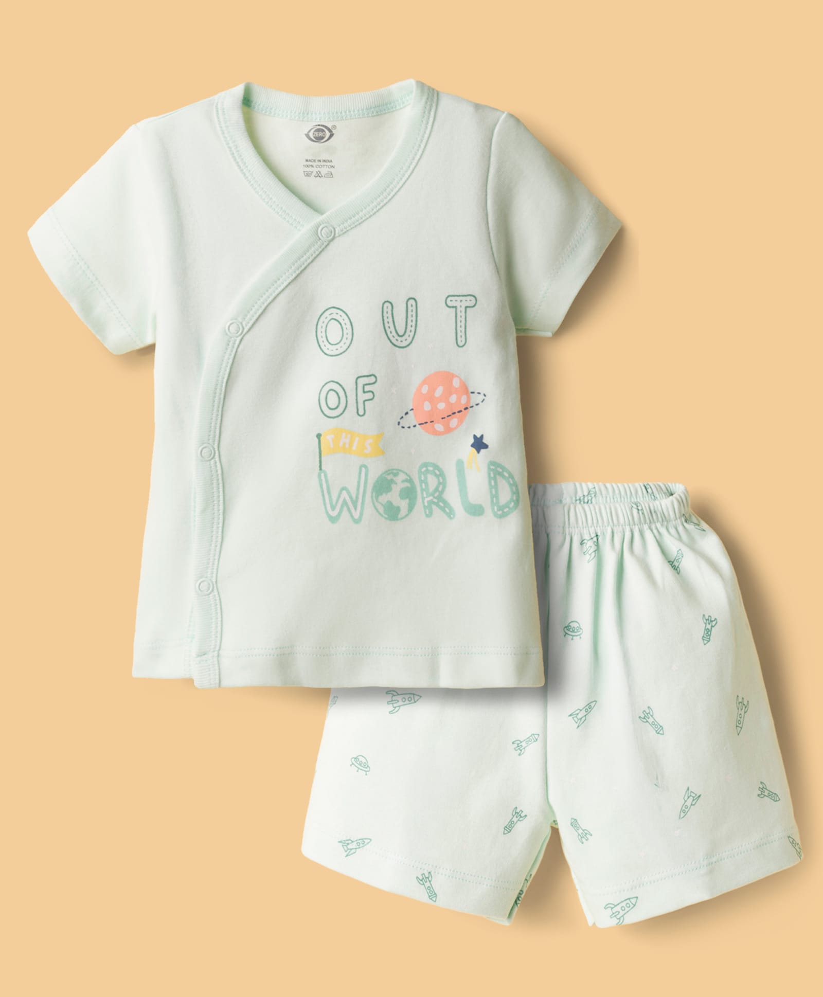 Zero Sinker Knit Half Sleeves T-Shirt & Shorts Night Suit With Out Of The World & Space Print - Light Green-picture-45
