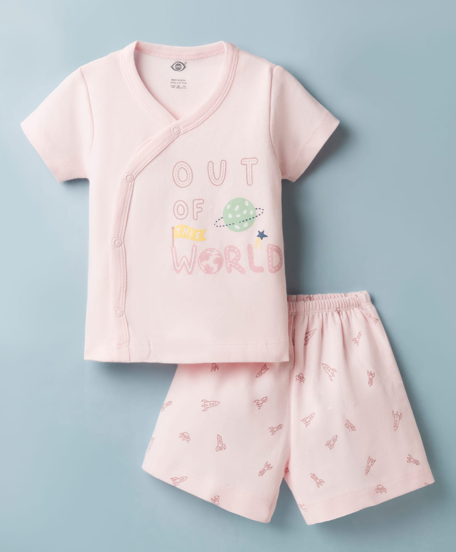 Zero Sinker Knit Half Sleeves T-Shirt & Shorts Night Suit with Out Of The World & Space Print - Peach-image-19