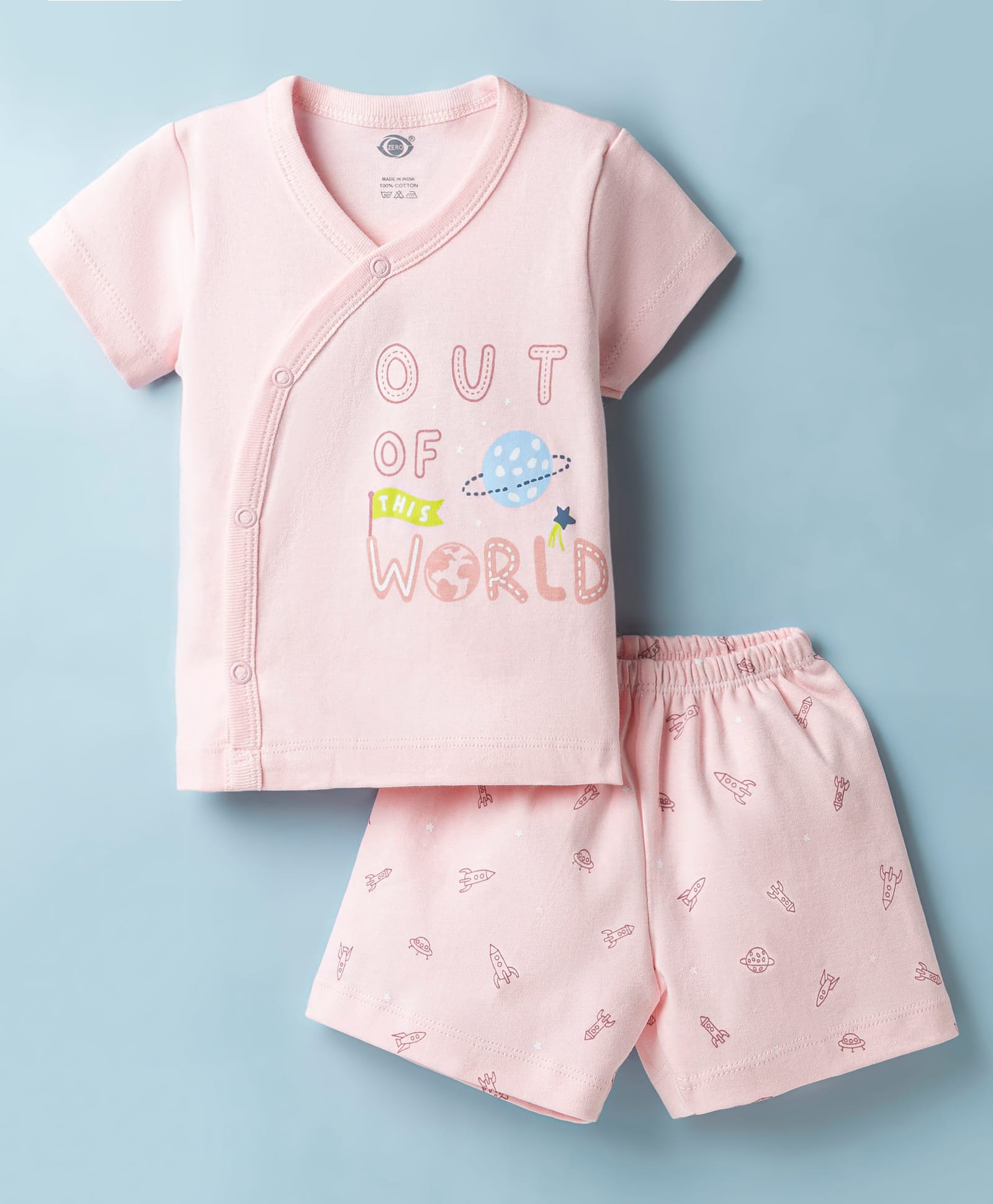 Zero Sinker Knit Half Sleeves T-Shirt & Shorts Night Suit with Out Of The World & Space Print - Pink-picture-9