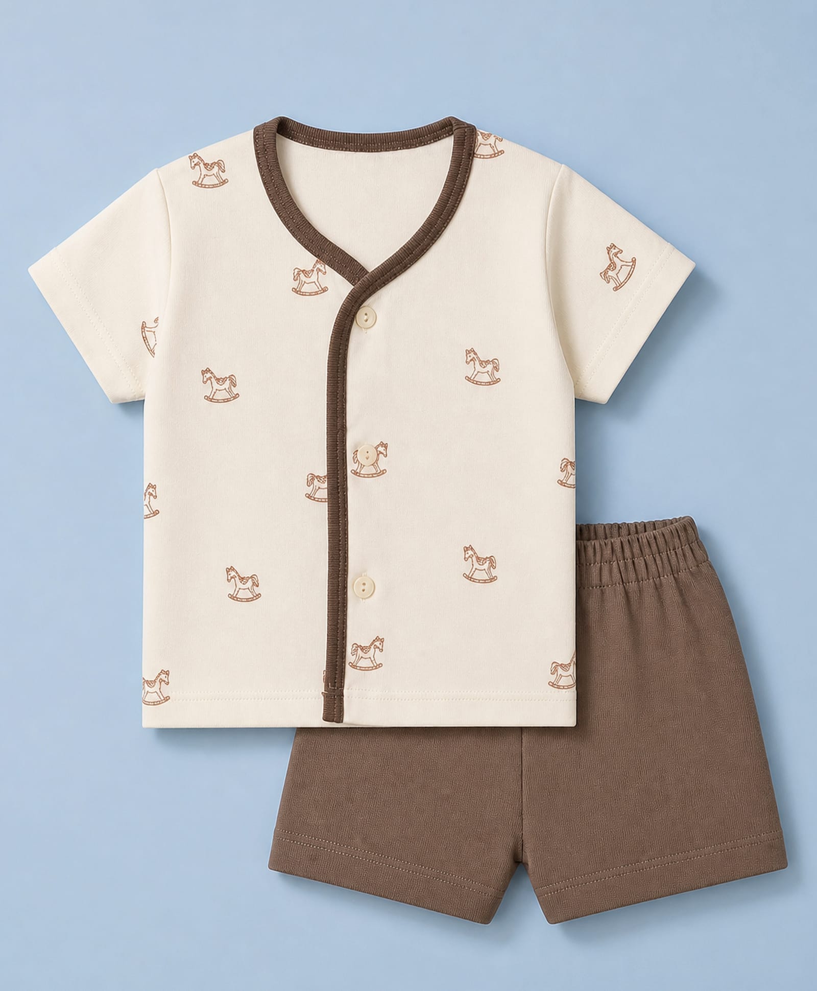 Zero Sinker Knit Half Sleeves T-Shirt & Shorts Night Suit with Horse Print - Brown-picture-34