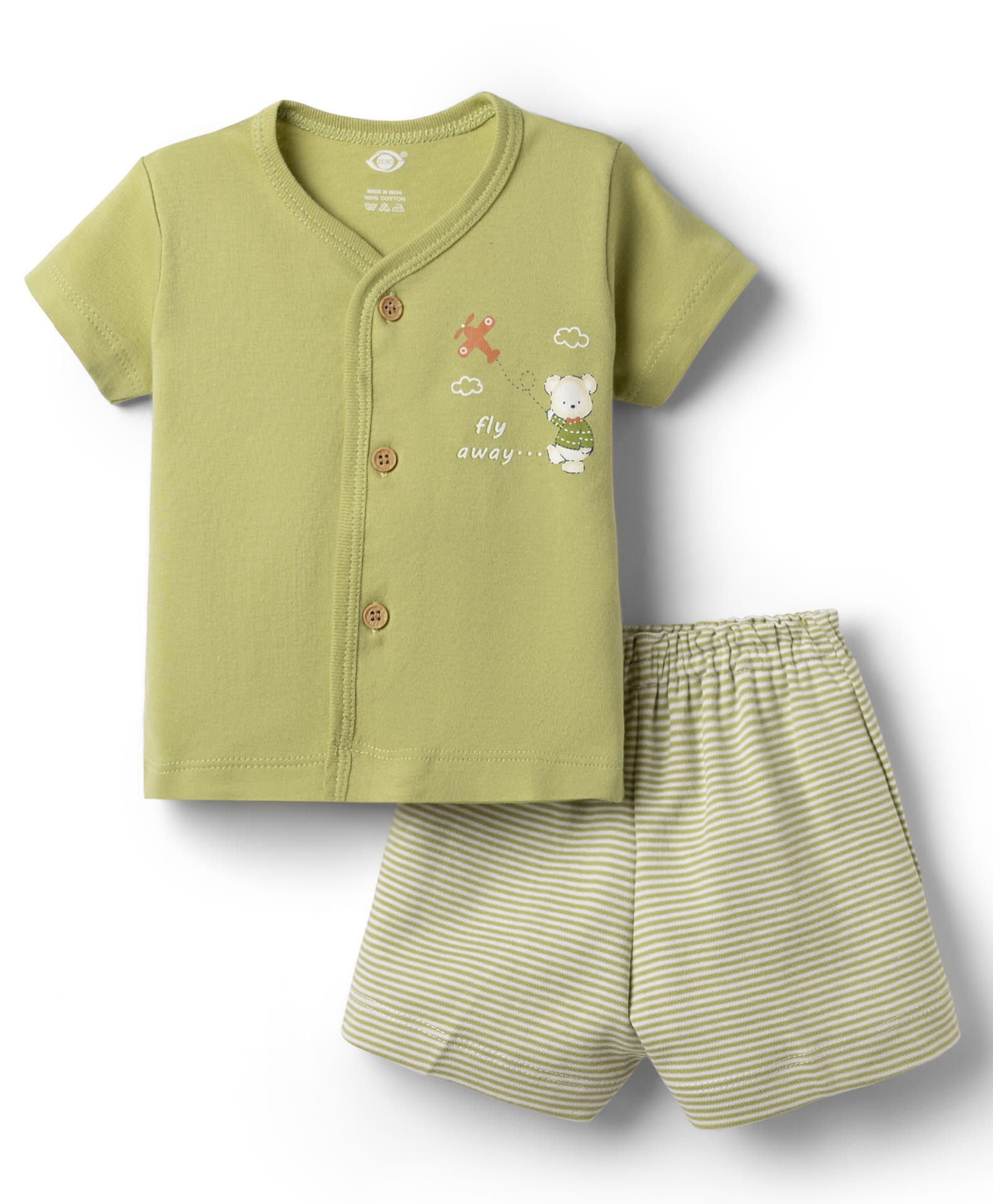 Zero Sinker Knit Half Sleeves T-Shirt With Bear Print & Striped Shorts Night Suit - Olive Green-image-44