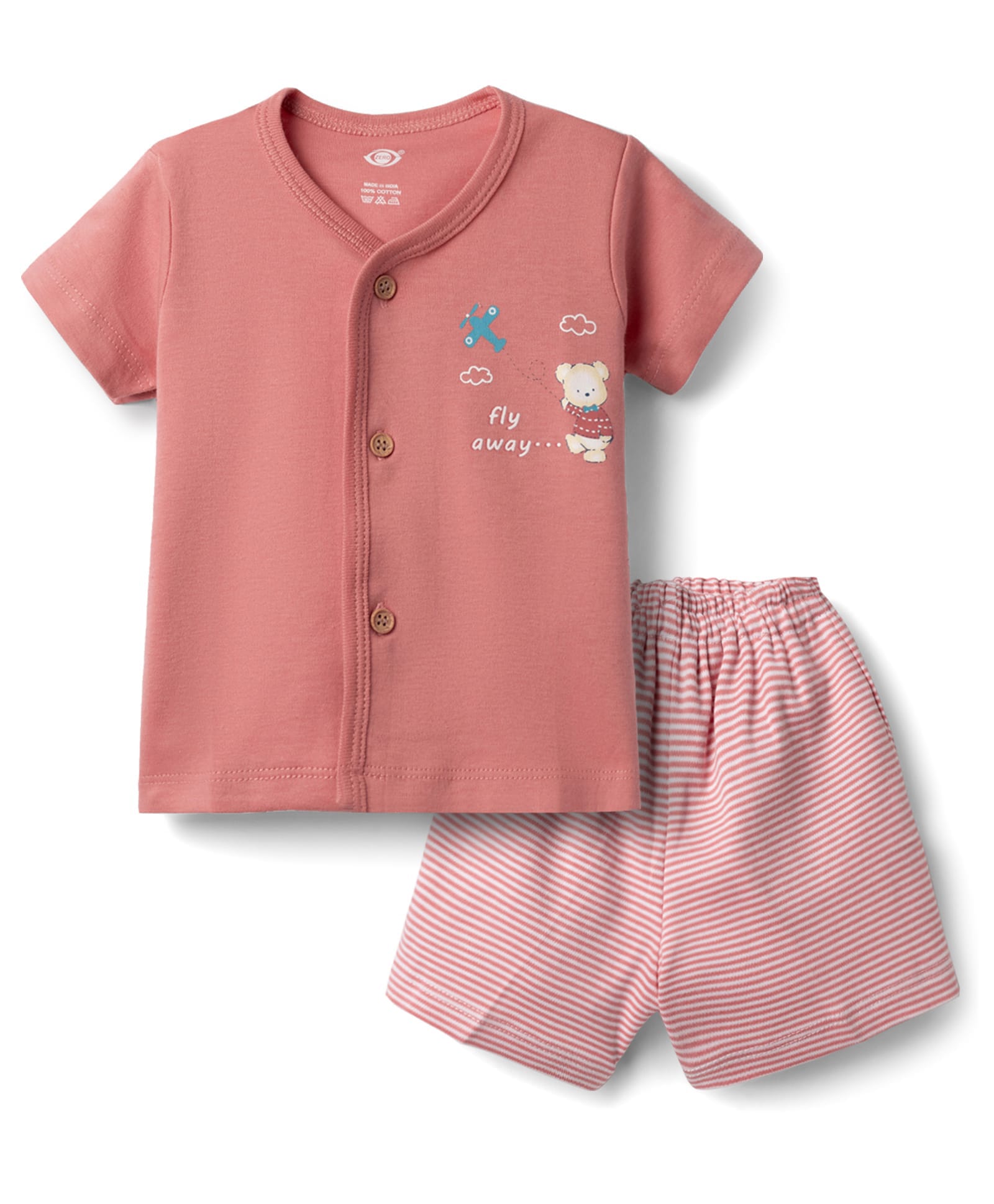 Zero Sinker Knit Half Sleeves T-Shirt With Bear Print & Striped Shorts Night Suit - Dark Peach-picture-18