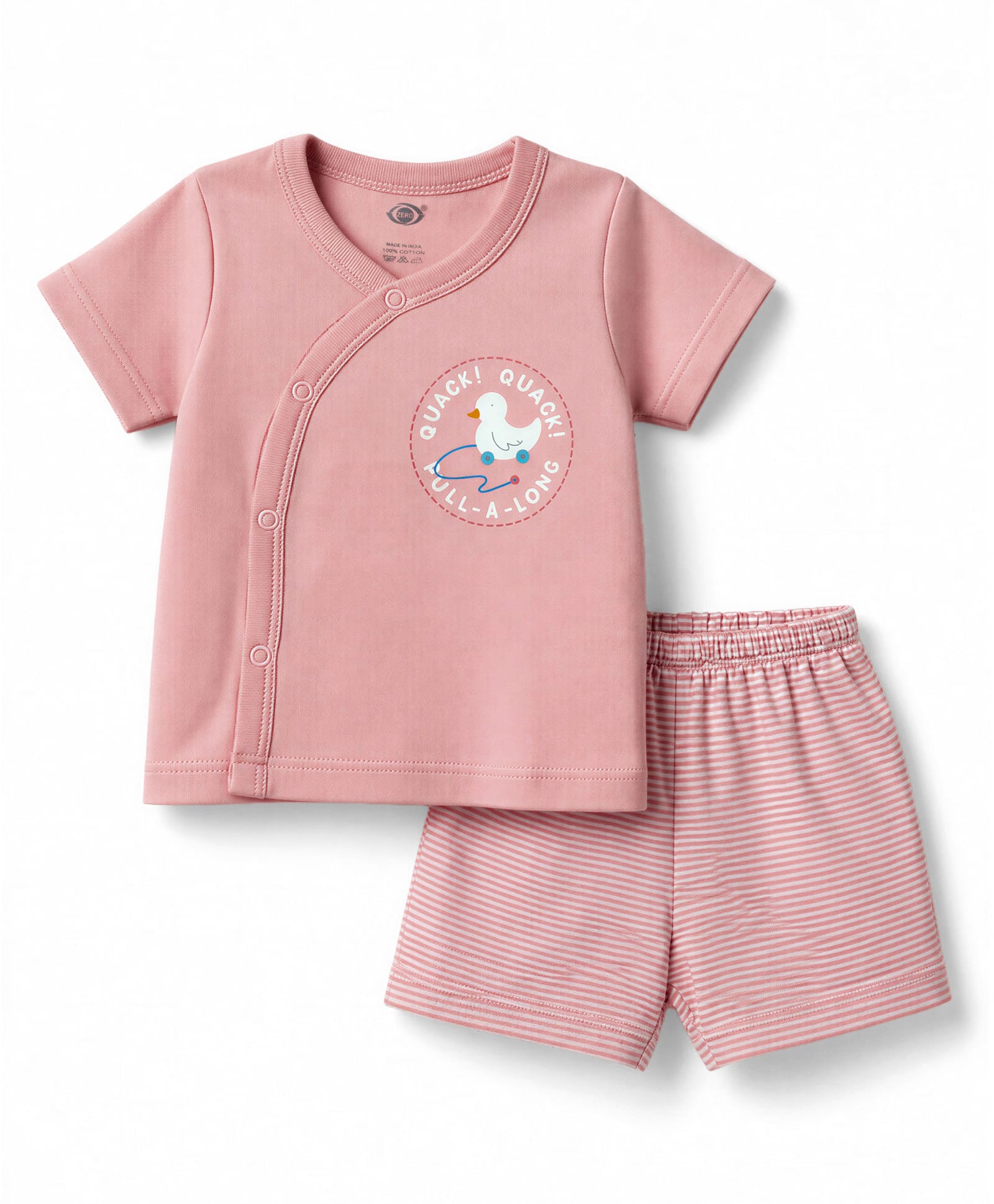 Zero Sinker Knit Half Sleeves T-Shirt & Stripped Shorts Night Suit with Quack Quack Duck Print - Pink-picture-32