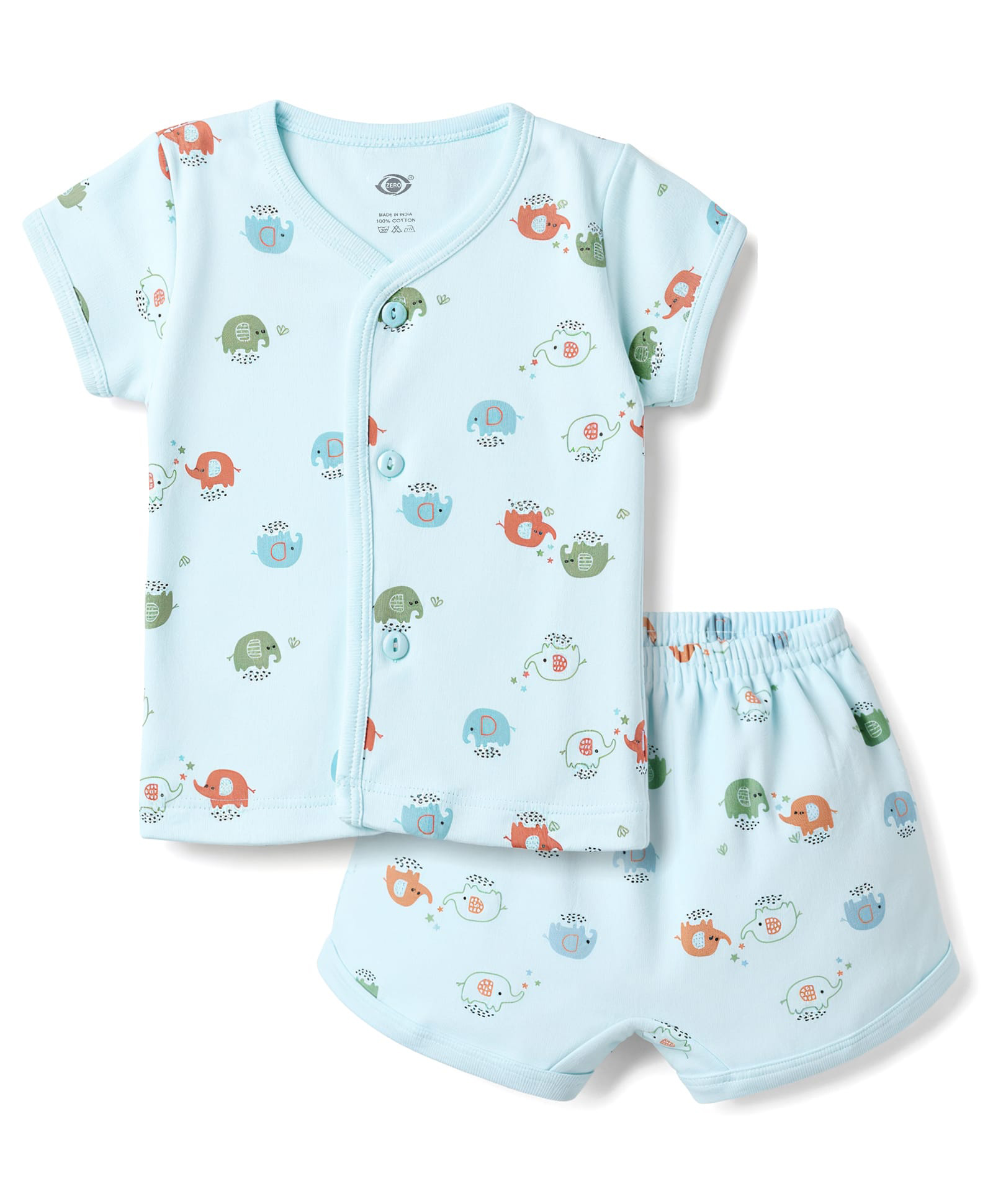 Zero Sinker Knit Half Sleeves Co-Ords T-Shirt & Shorts Night Suit with Elephant Print - Sea Green-picture-33
